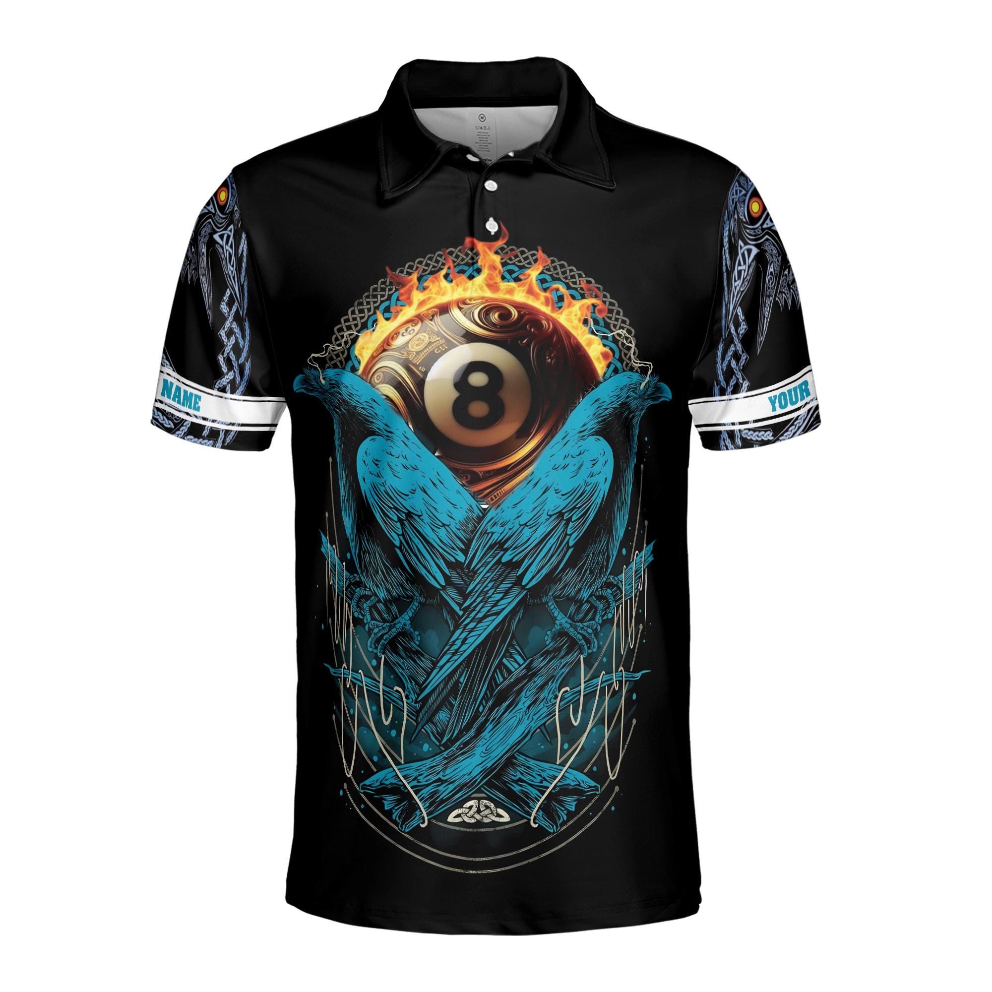 Alternative view of Personalizedize Name Billiard Balls Ravens Fire Black Blue 3D Men's Polo Shirt