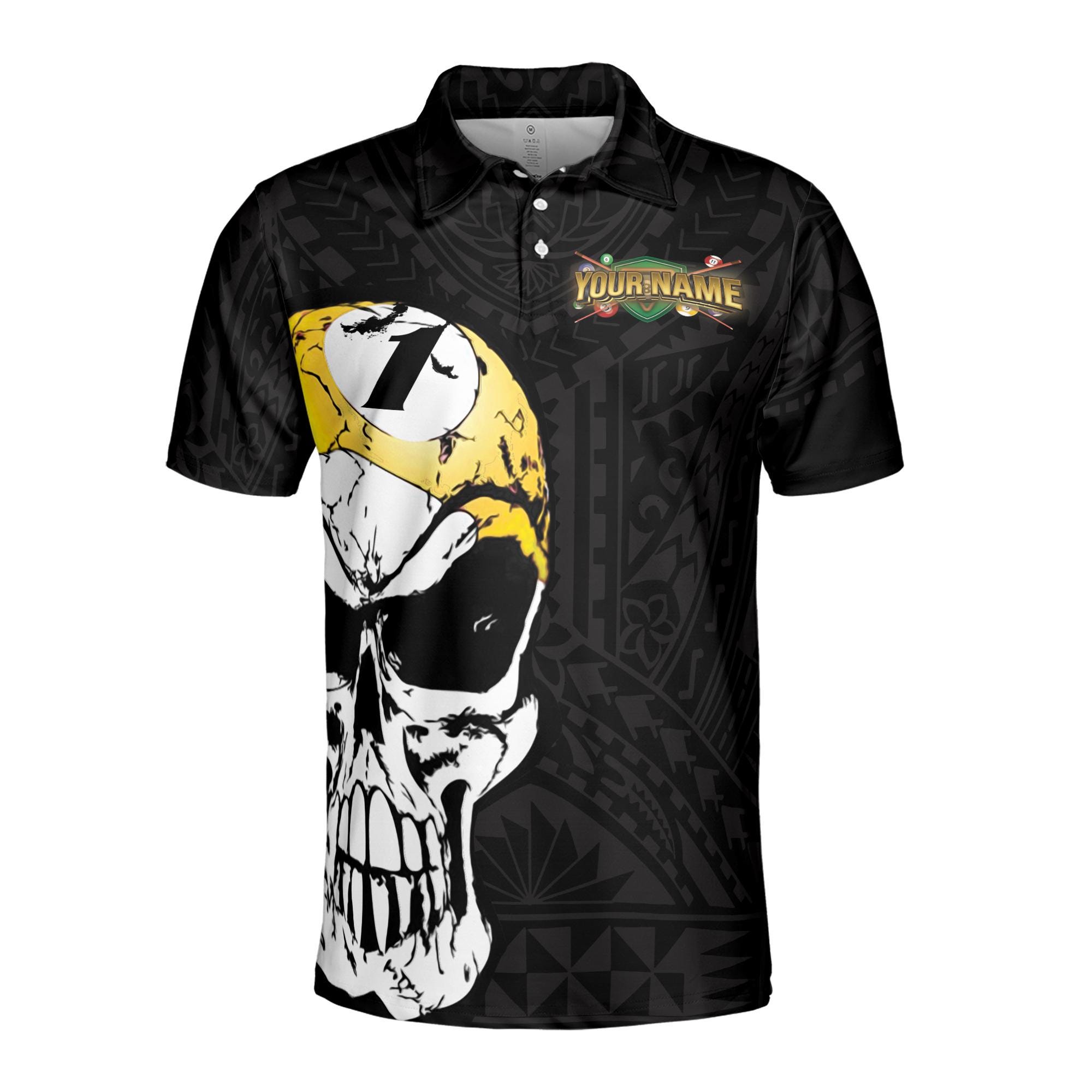 Alternative view of Personalizedize Name Billiard Balls Skull Tribal Pattern Black 3D Men's Polo Shirt