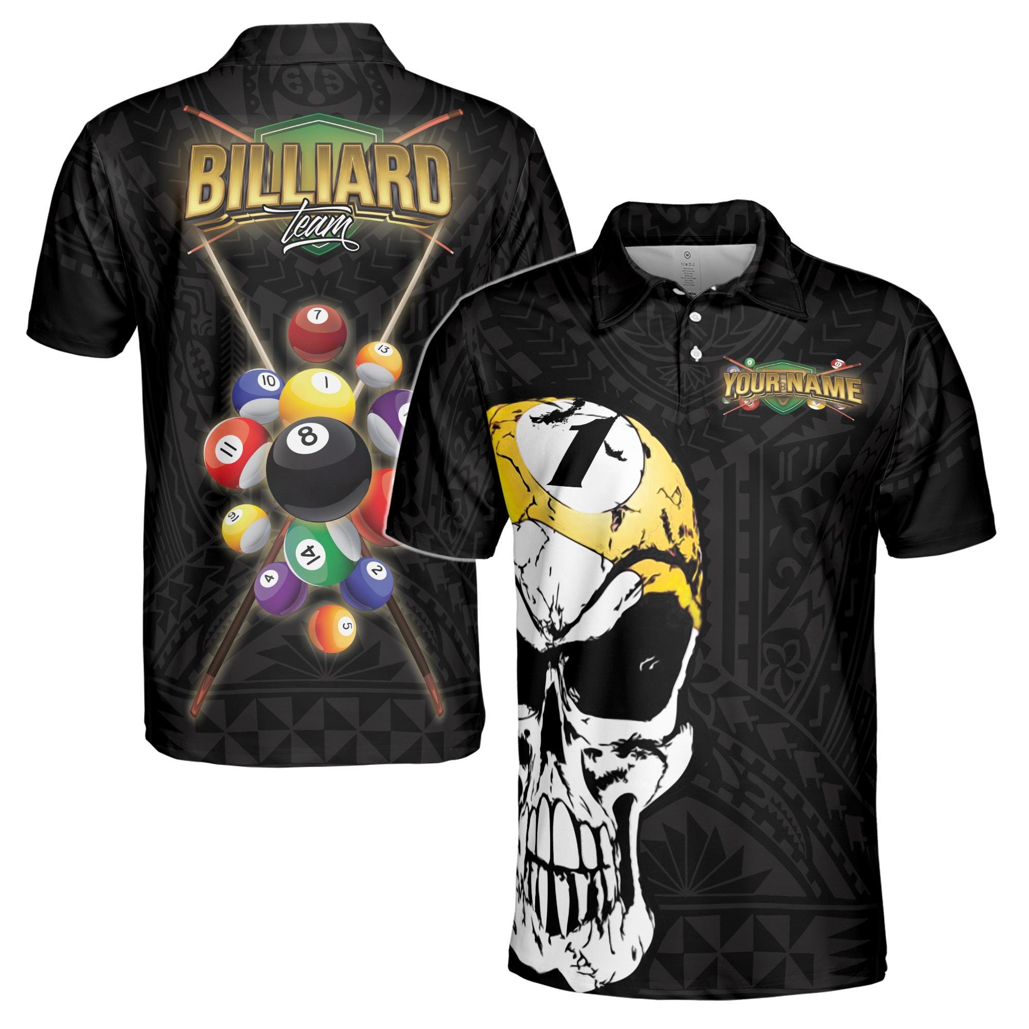 Personalizedize Name Billiard Balls Skull Tribal Pattern Black 3D Men's Polo Shirt
