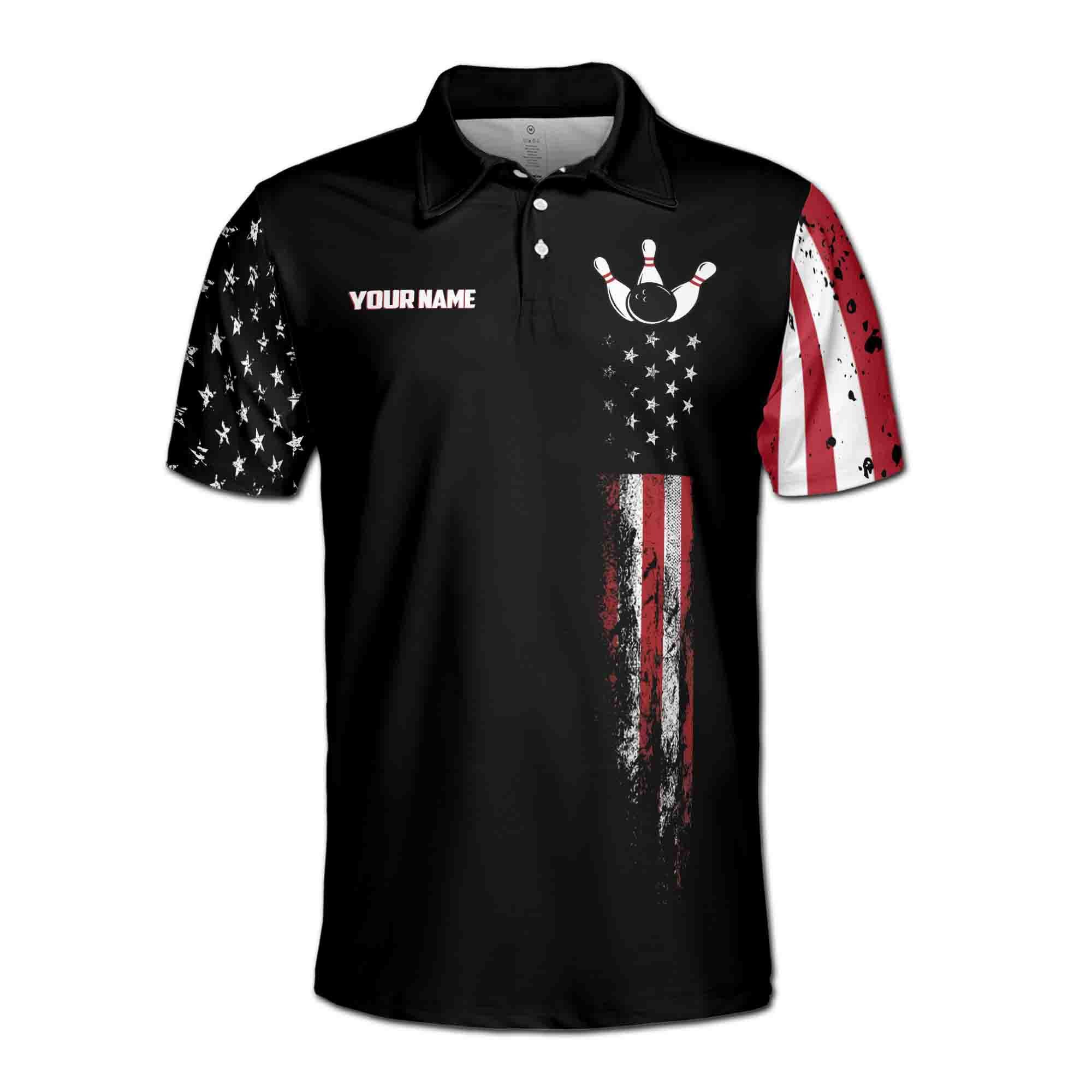 Alternative view of Personalizedize Name Bowling Ball Pin Eagle Feather USA Flag Black 3D Men's Polo Shirt