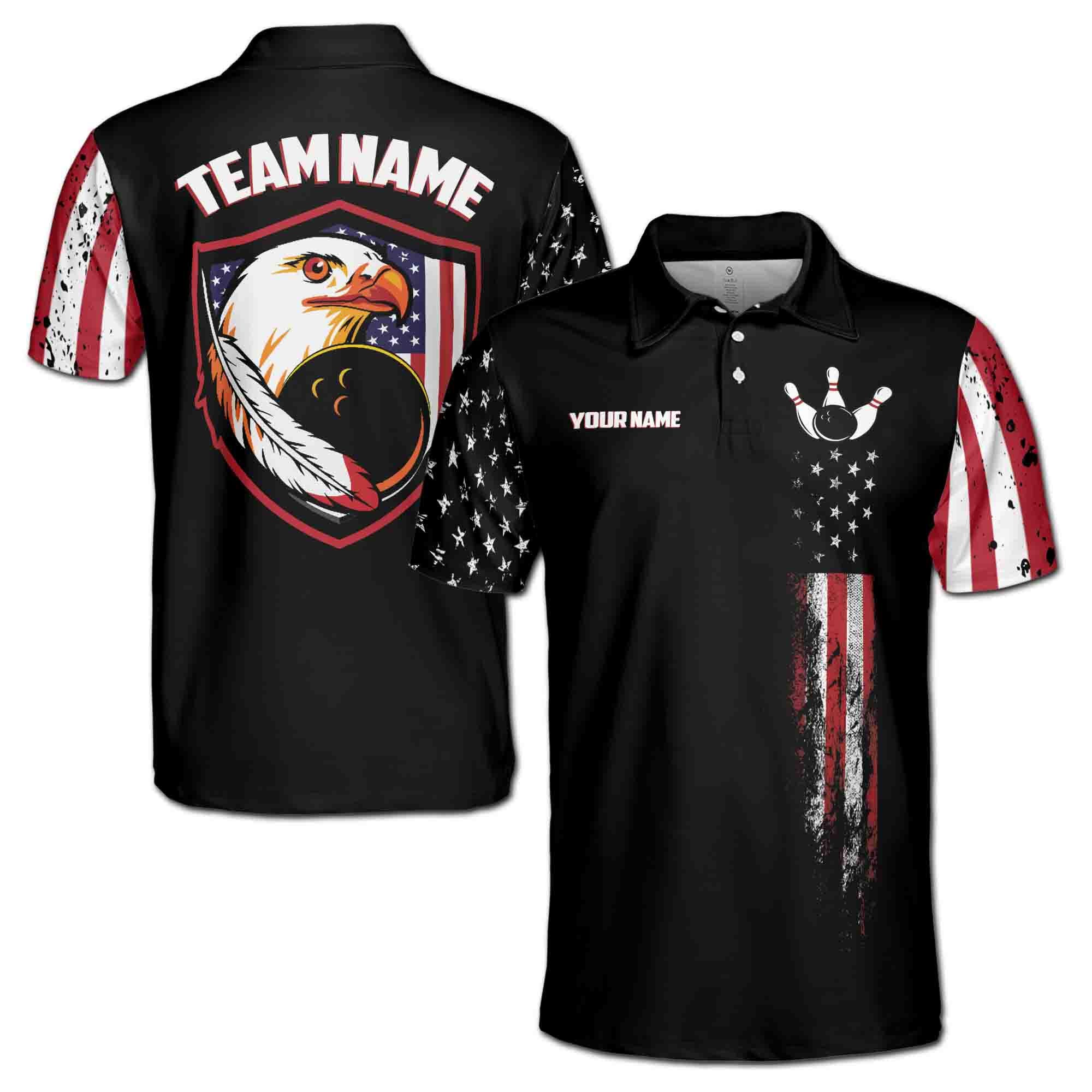Personalizedize Name Bowling Ball Pin Eagle Feather USA Flag Black 3D Men's Polo Shirt