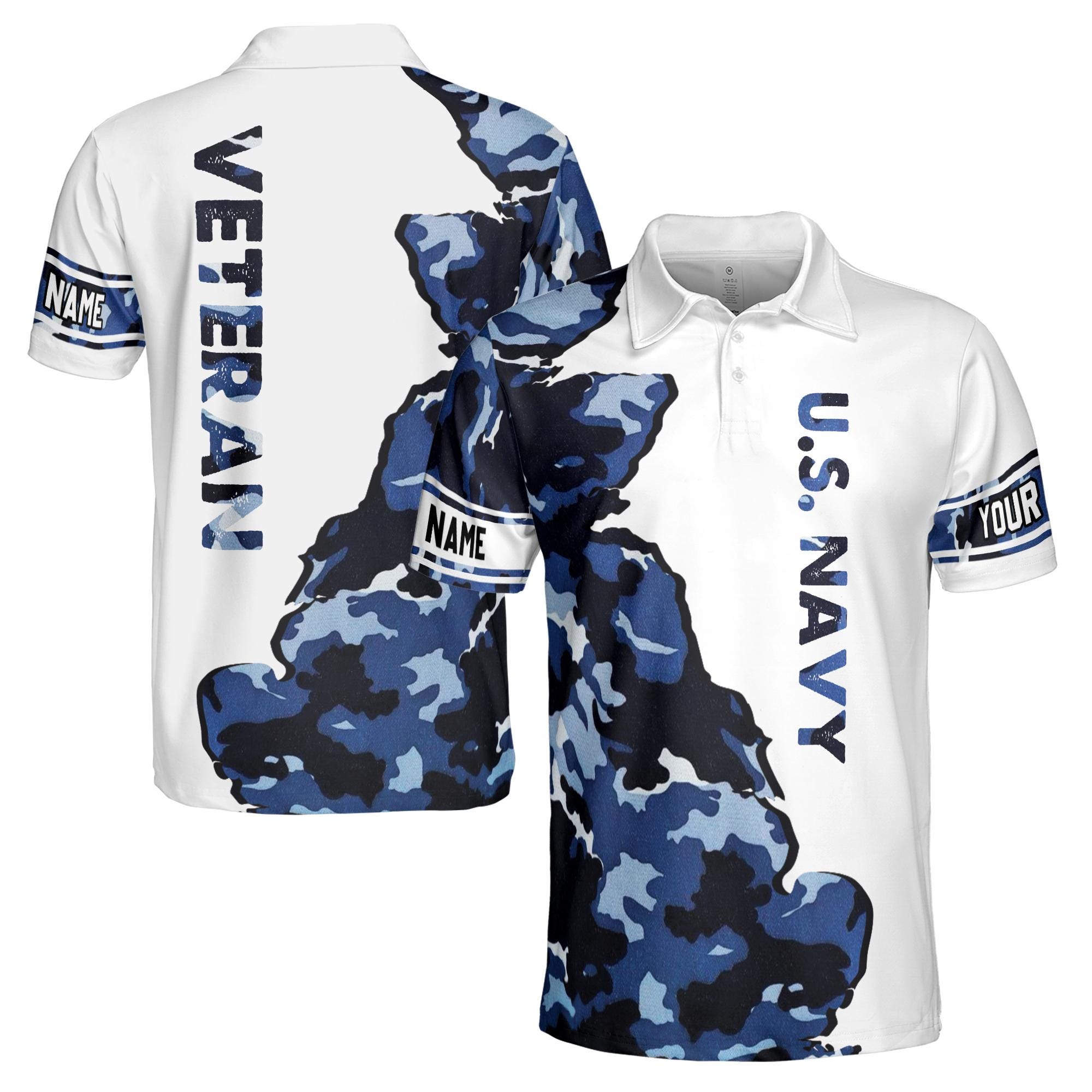 Personalizedize Name Camo Pattern Navy Veteran Blue White Men's Polo Shirt