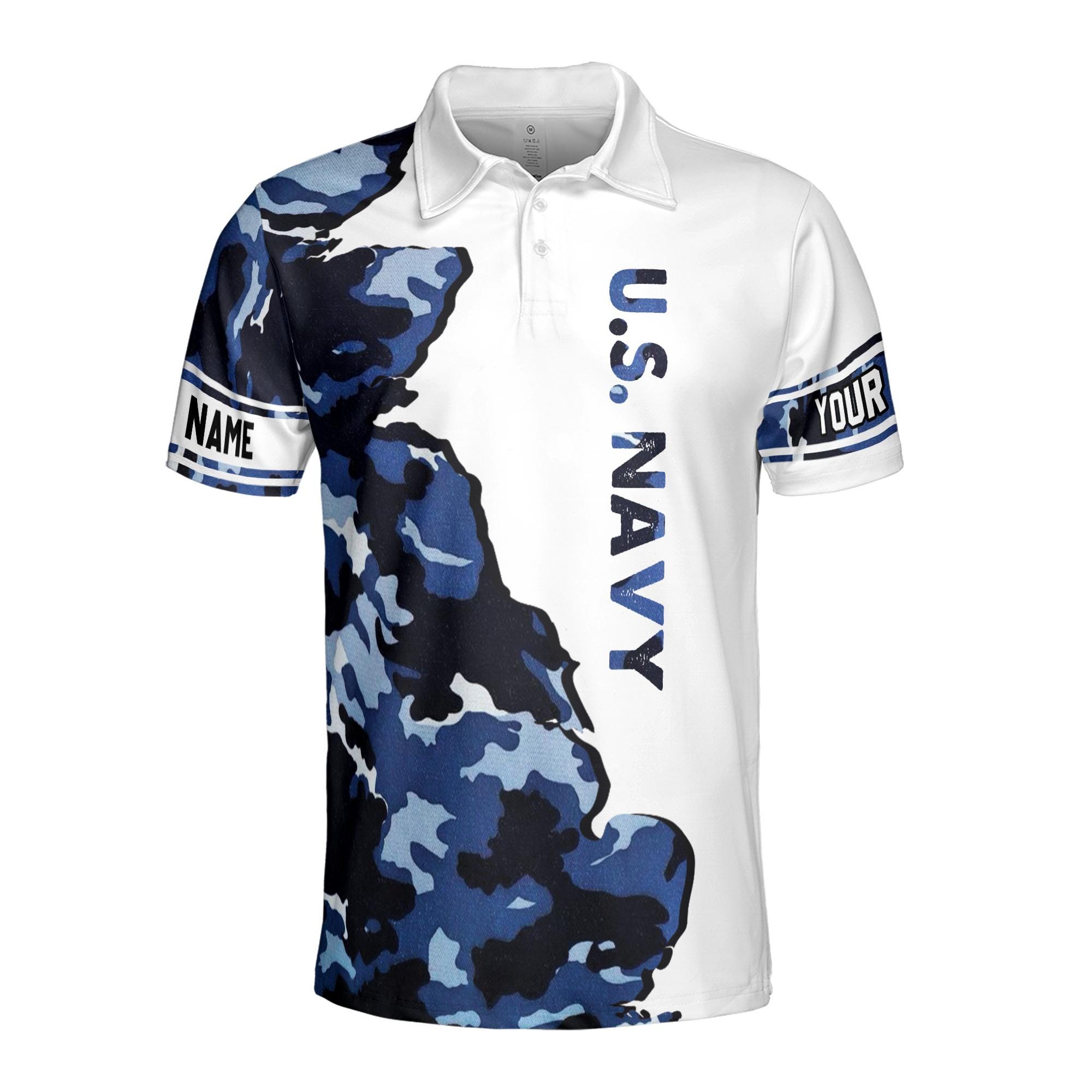 Alternative view of Personalizedize Name Camo Pattern Navy Veteran Blue White Men's Polo Shirt