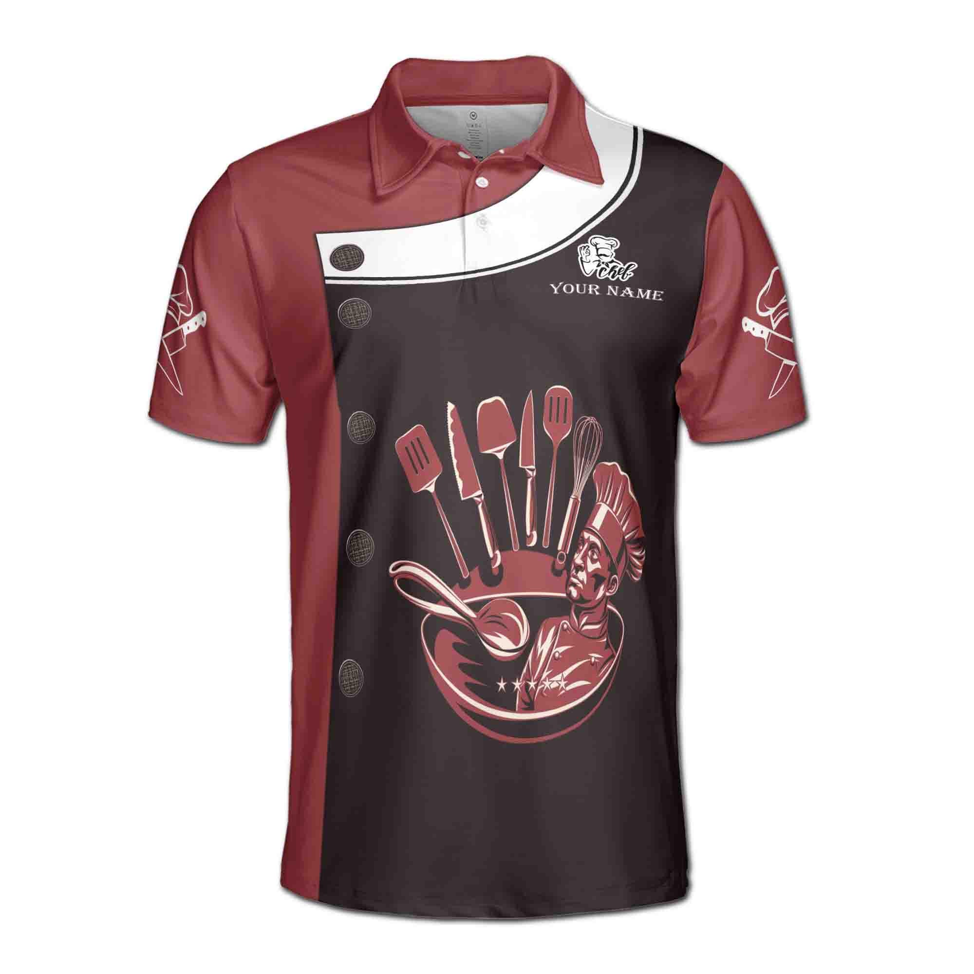 Alternative view of Personalizedize Name Chef Kitchen Tools Fake Buttons Red Black 3D Men's Polo Shirt