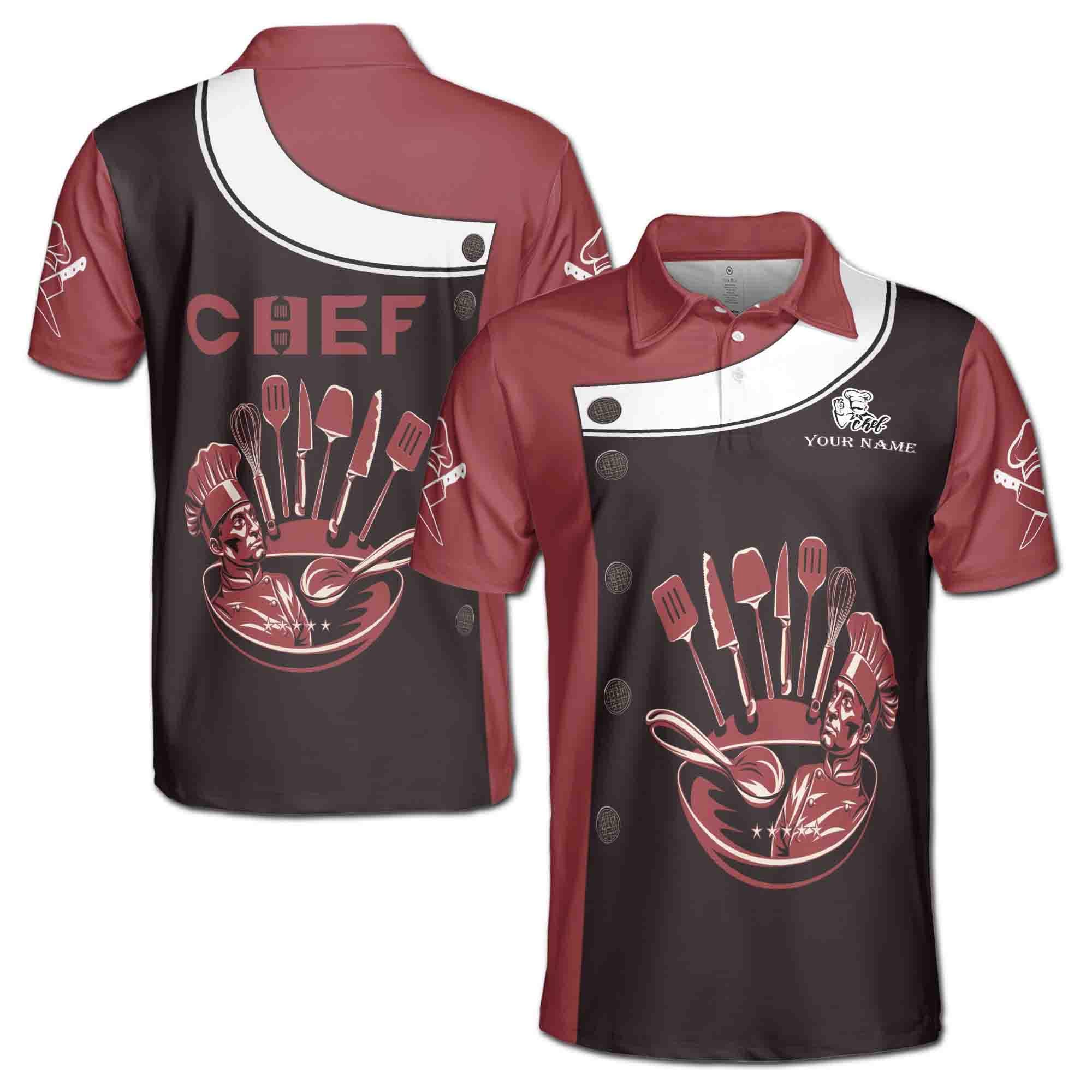 Personalizedize Name Chef Kitchen Tools Fake Buttons Red Black 3D Men's Polo Shirt