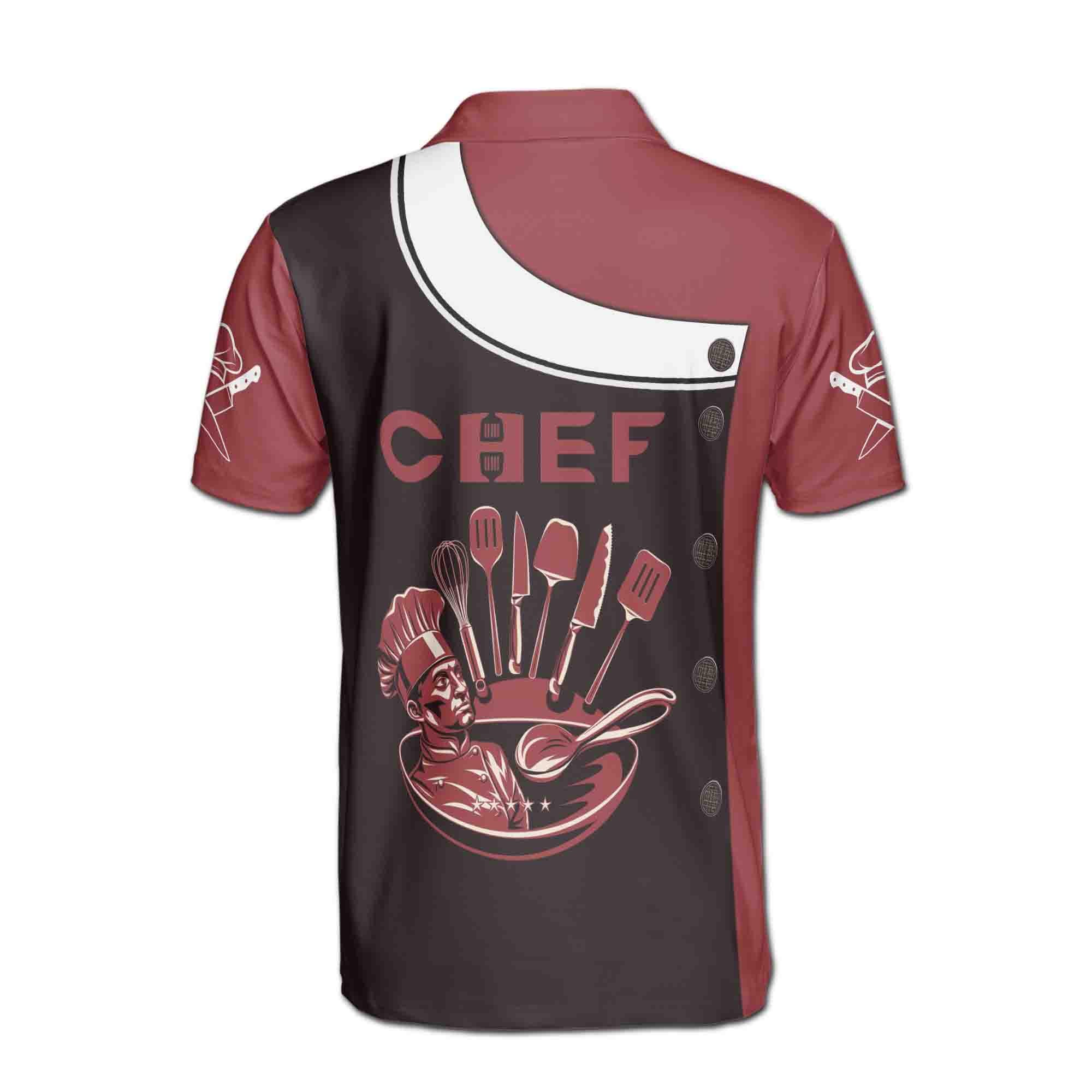 Personalizedize Name Chef Kitchen Tools Fake Buttons Red Black 3D Men's Polo Shirt - Image 3