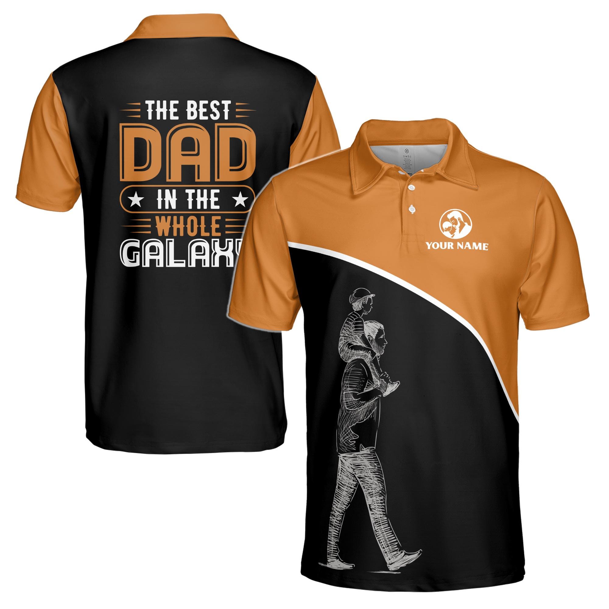 Personalizedize Name Dad Child Best In The Galaxy Black Orange 3D Men's Polo Shirt