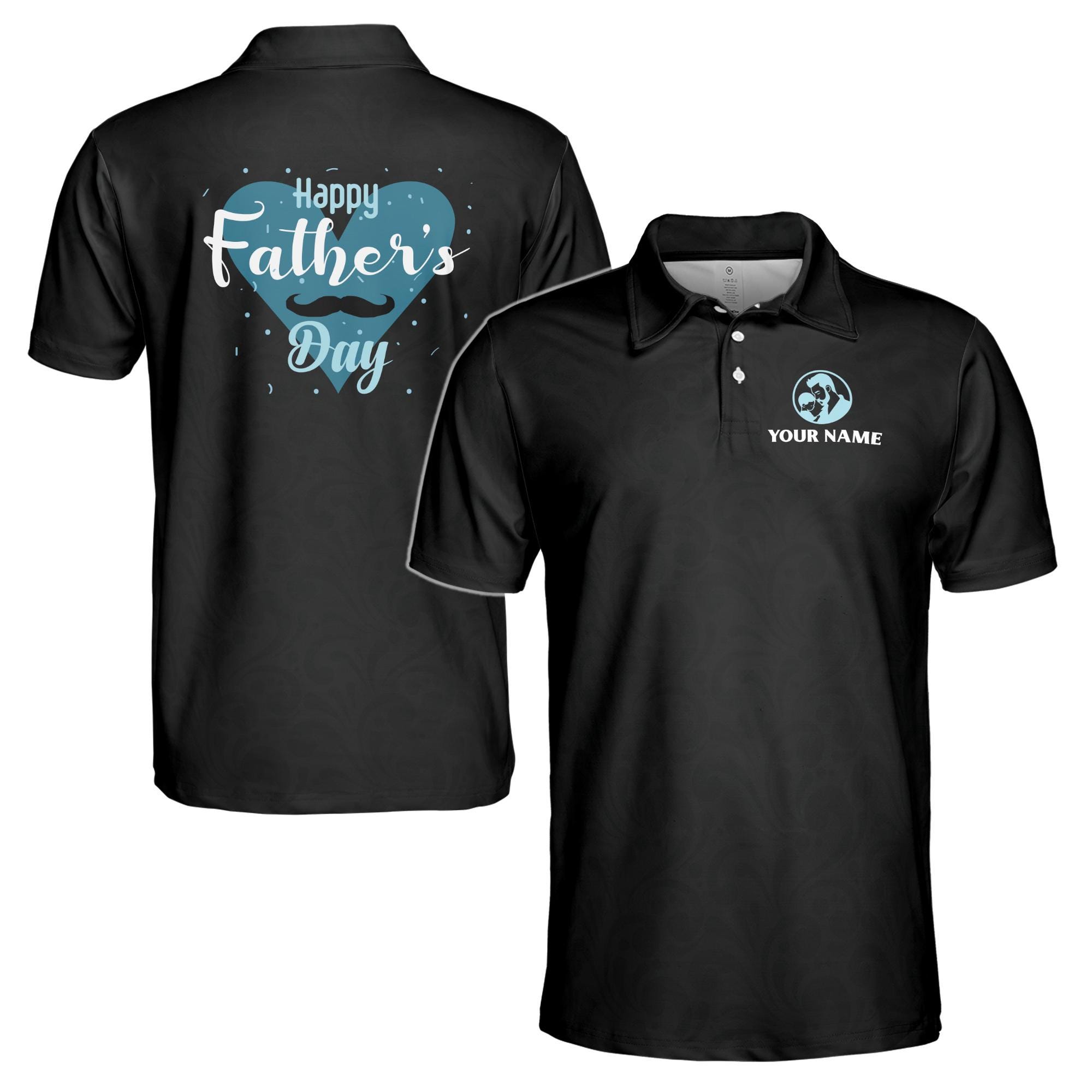 Personalizedize Name Dad Child Mustache Heart Black 3D Men's Polo Shirt