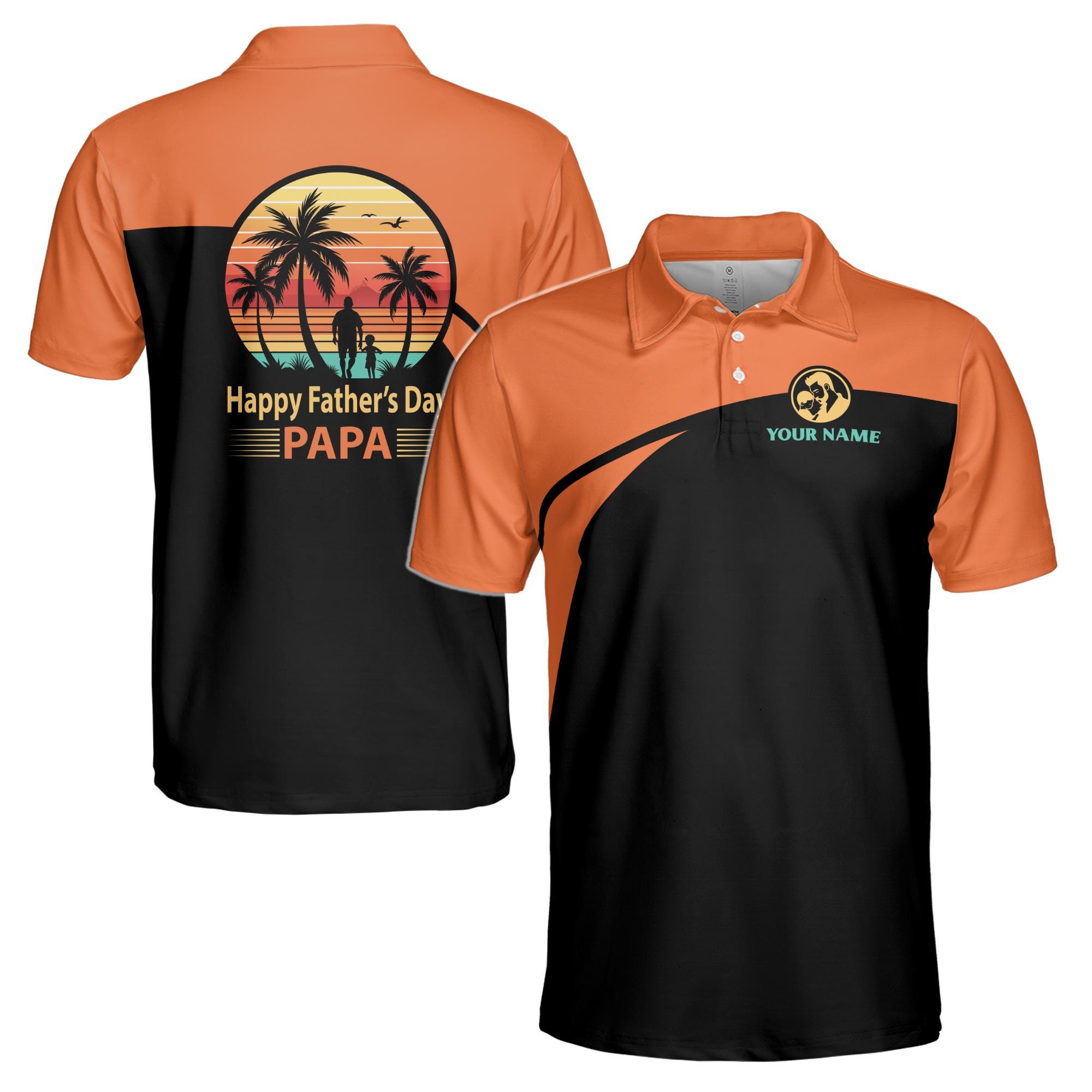 Personalizedize Name Dad Child Tropical Black Orange 3D Men's Polo Shirt