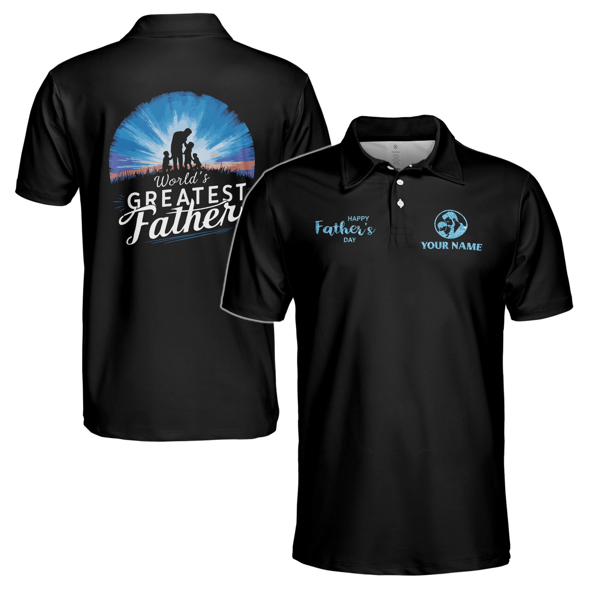 Personalizedize Name Dad Children Landscape Silhouette Black 3D Men's Polo Shirt