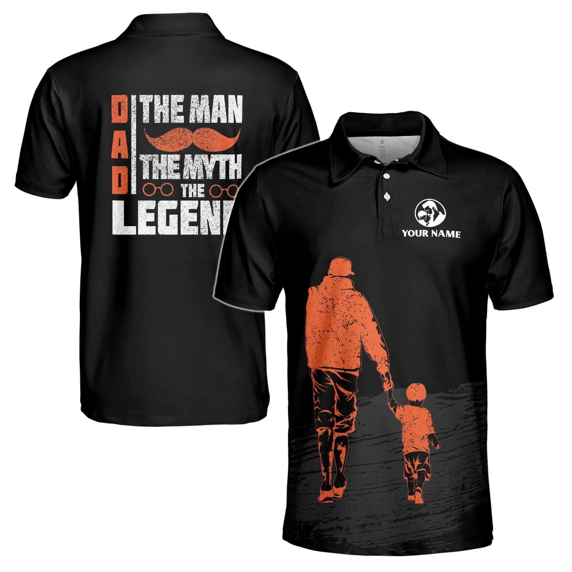 Personalizedize Name Dad Mustache Man Myth Legend Black 3D Men's Polo Shirt