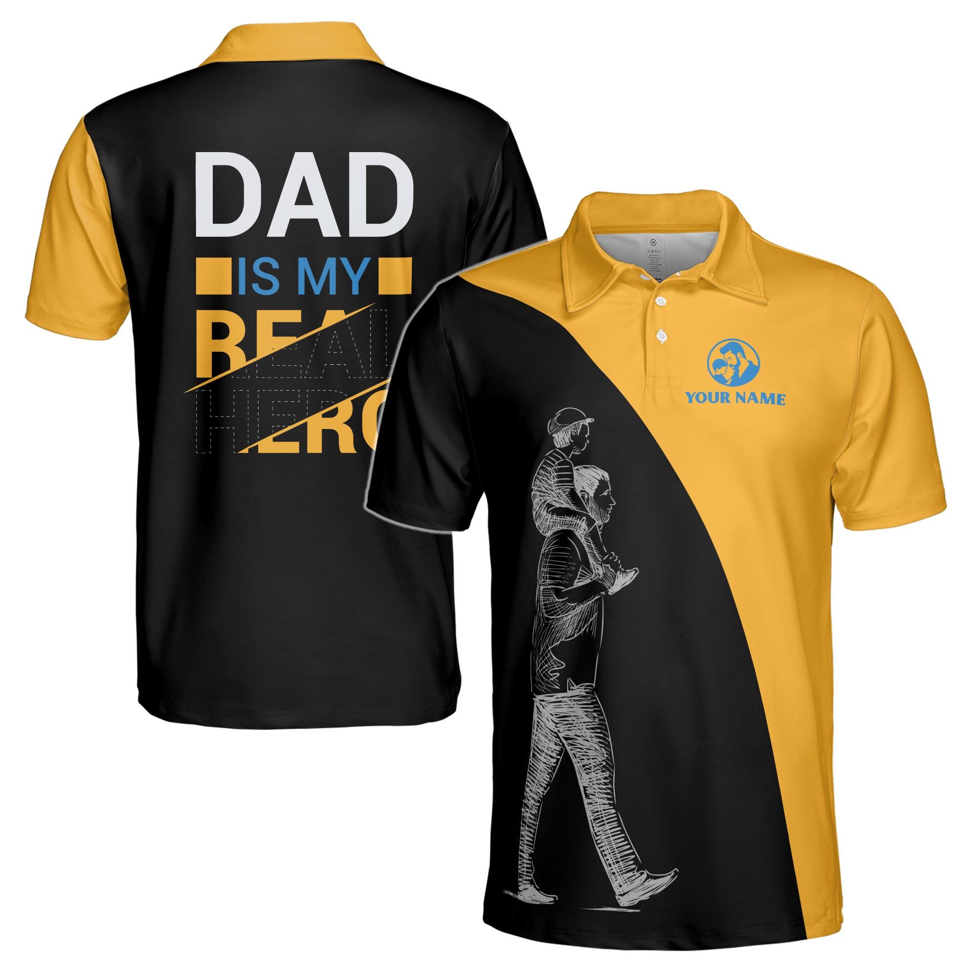 Personalizedize Name Dad My Real Hero Black Yellow 3D Men's Polo Shirt