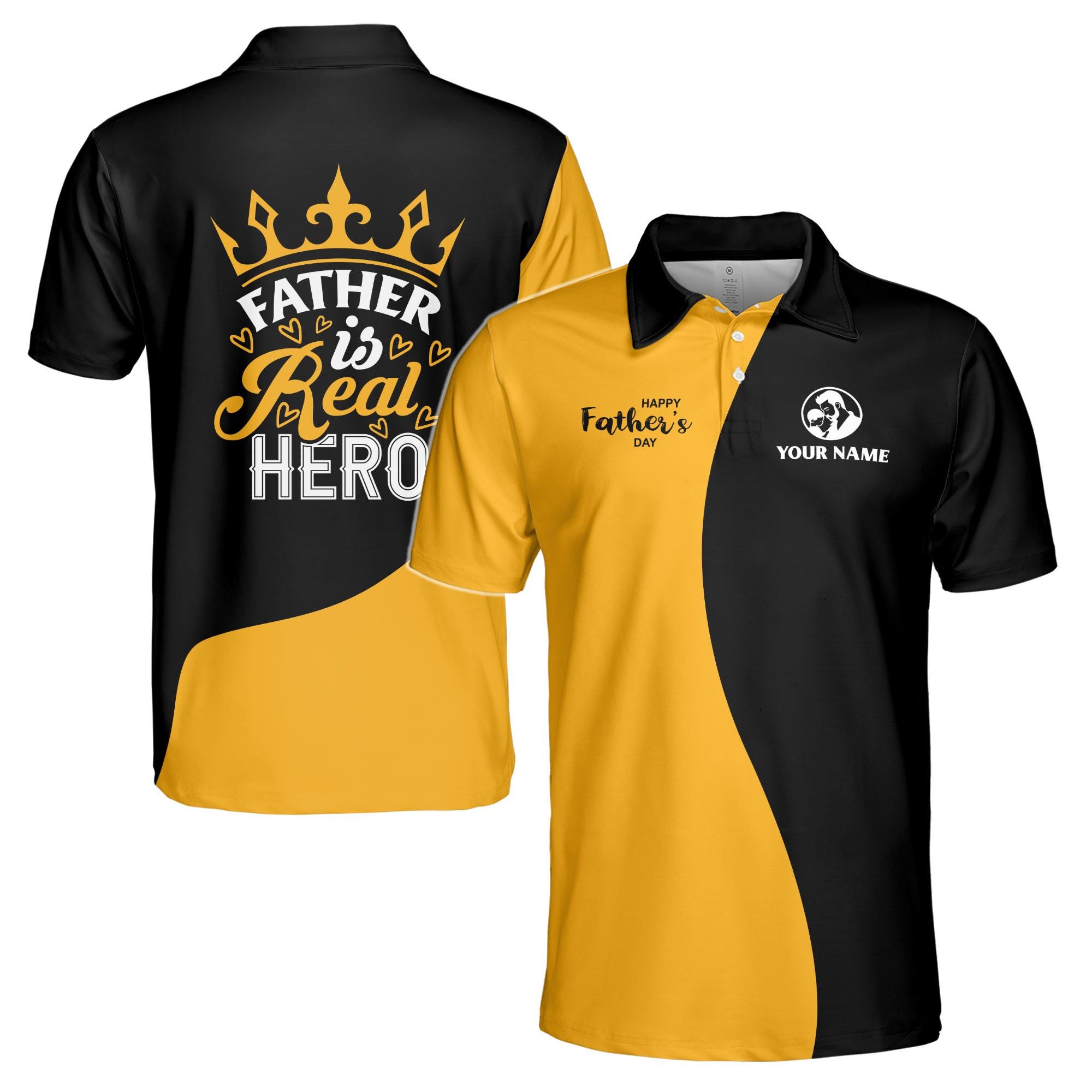 Personalizedize Name Dad Real Hero Crown Black Yellow 3D Men's Polo Shirt
