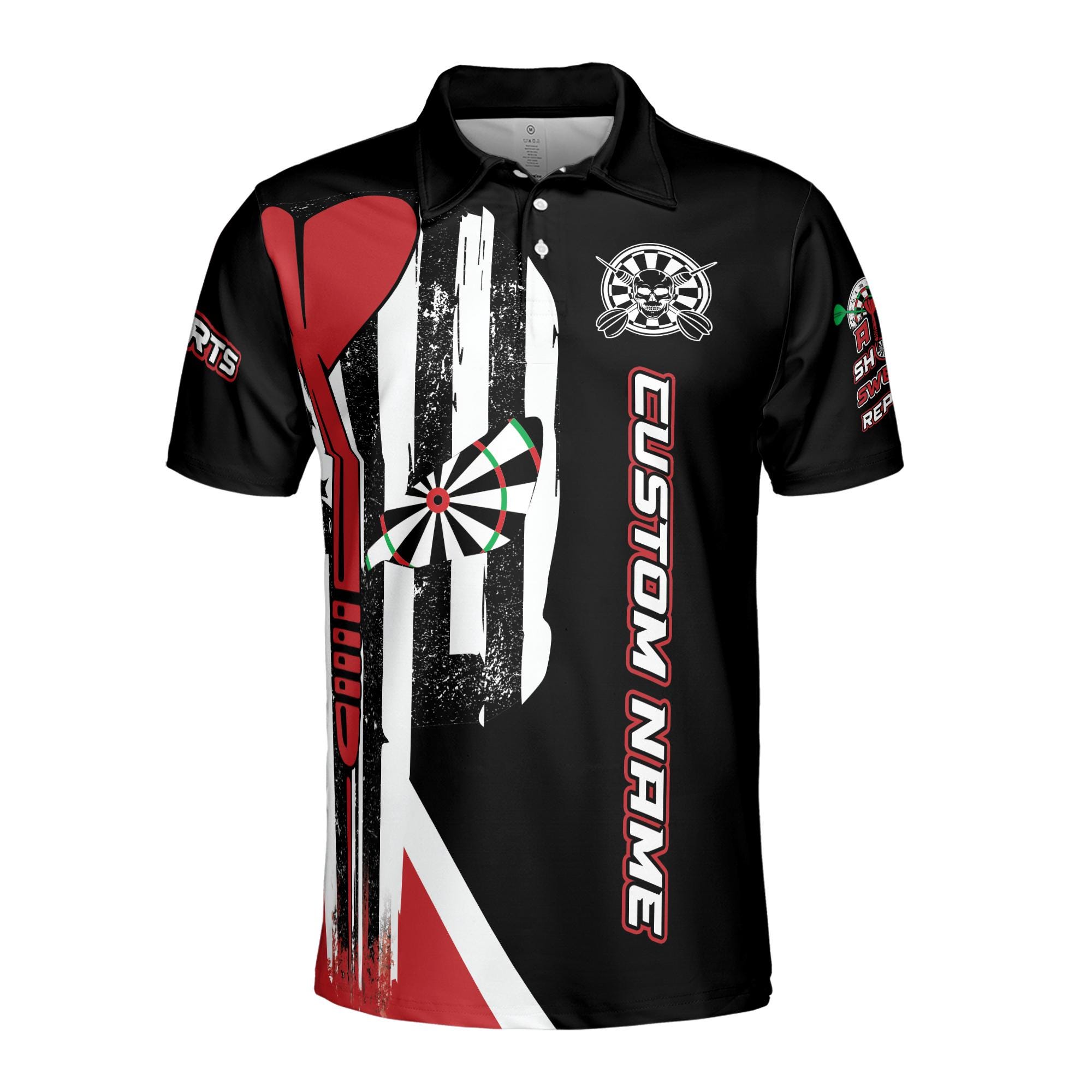 Alternative view of Personalizedize Name Darts Aim Shoot Swear Repeat Black White Red 3D Men's Polo Shirt