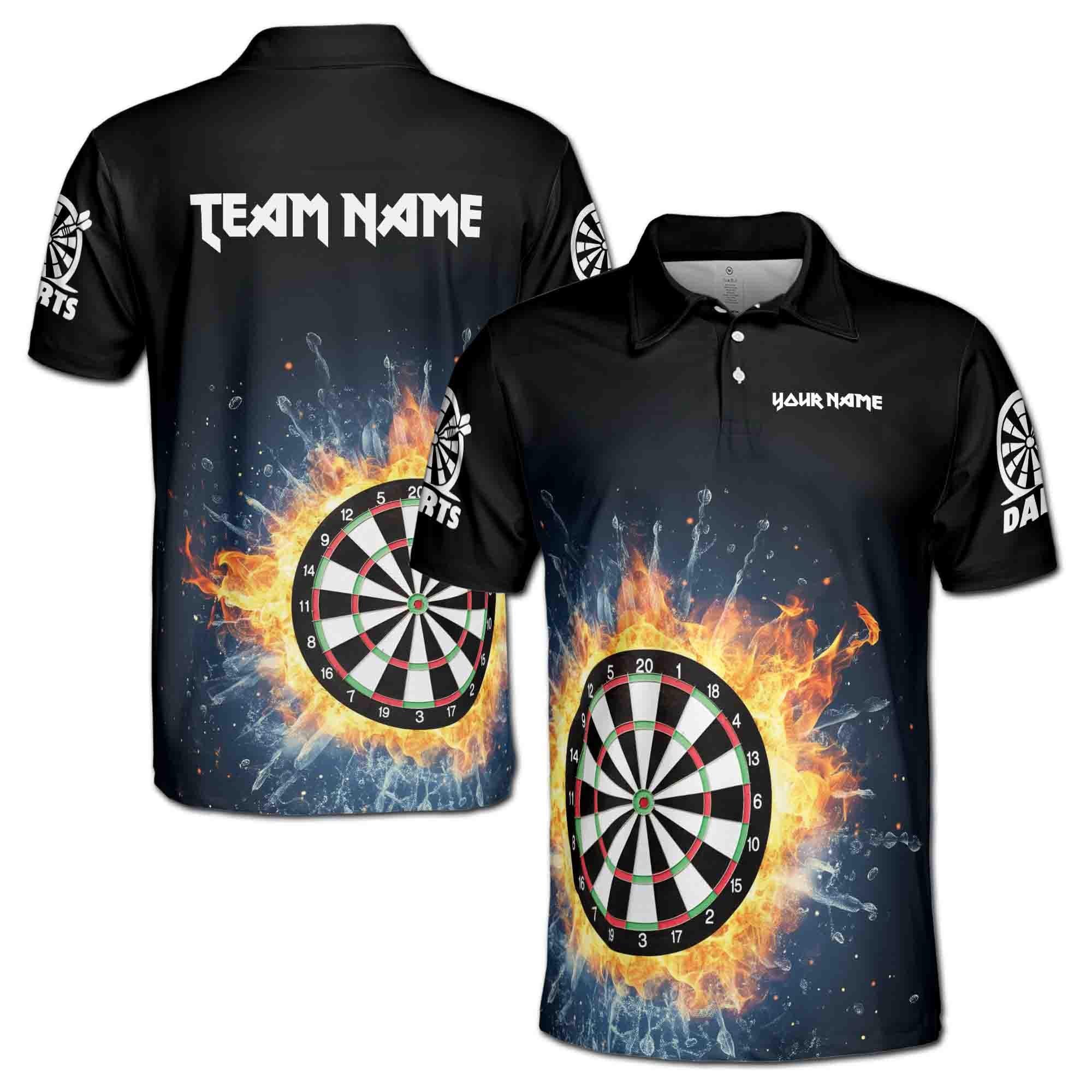 Personalizedize Name Darts Board Fire Water Black 3D Men's Polo Shirt