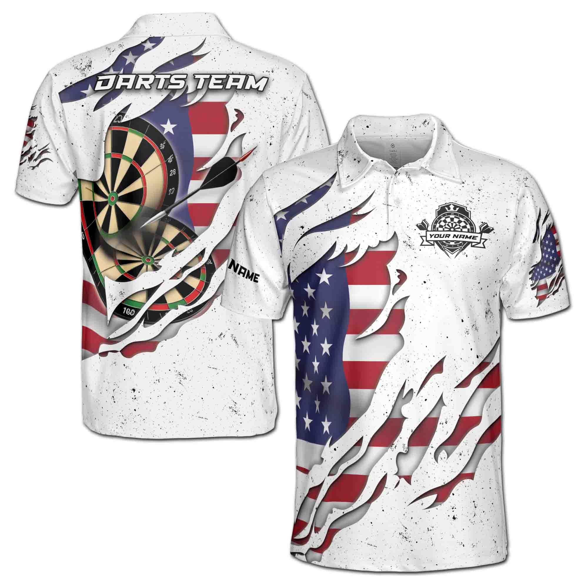 Personalizedize Name Darts Board USA Flag White 3D Men's Polo Shirt