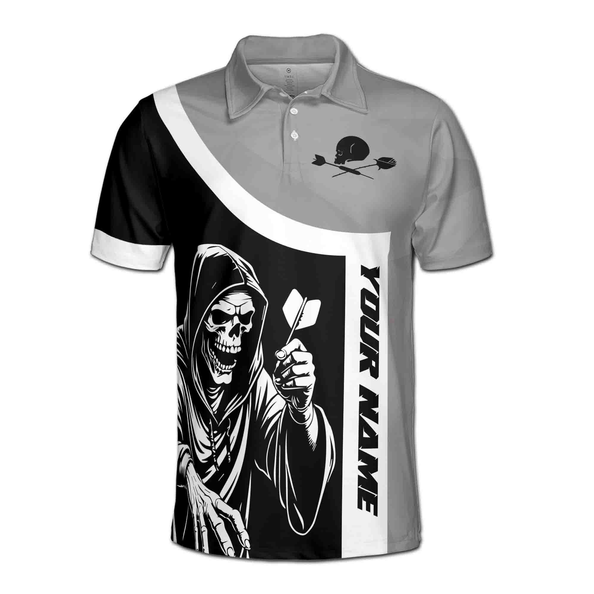 Alternative view of Personalizedize Name Darts Grim Reaper Skeleton Rose Black Grey 3D Men's Polo Shirt