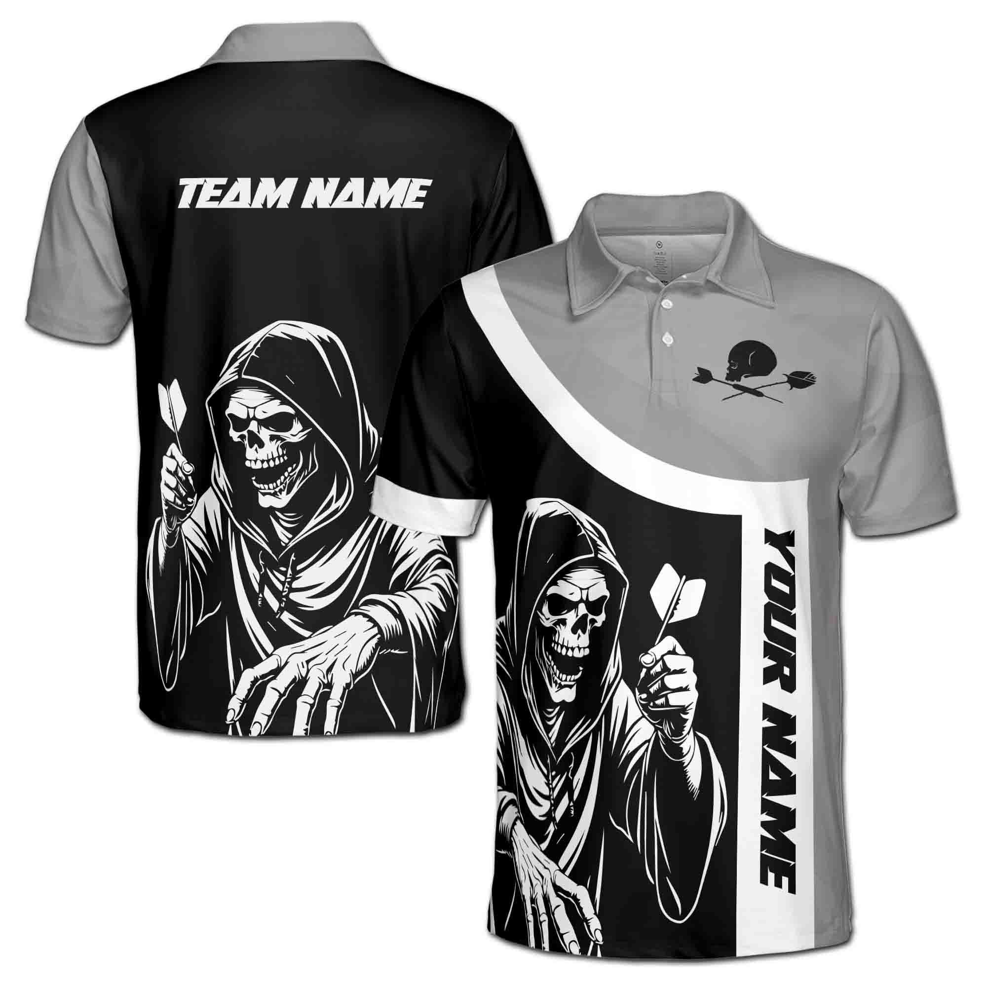 Personalizedize Name Darts Grim Reaper Skeleton Rose Black Grey 3D Men's Polo Shirt