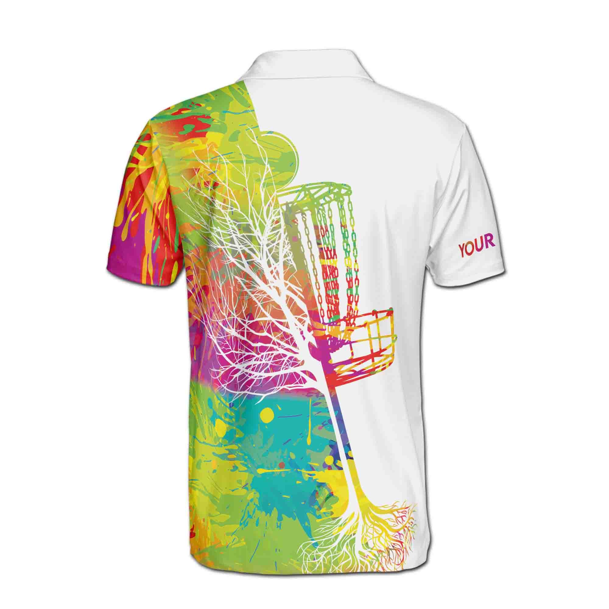 Personalizedize Name Disc Golf Basket Tree Colorful Splashes White 3D Men's Polo Shirt - Image 3