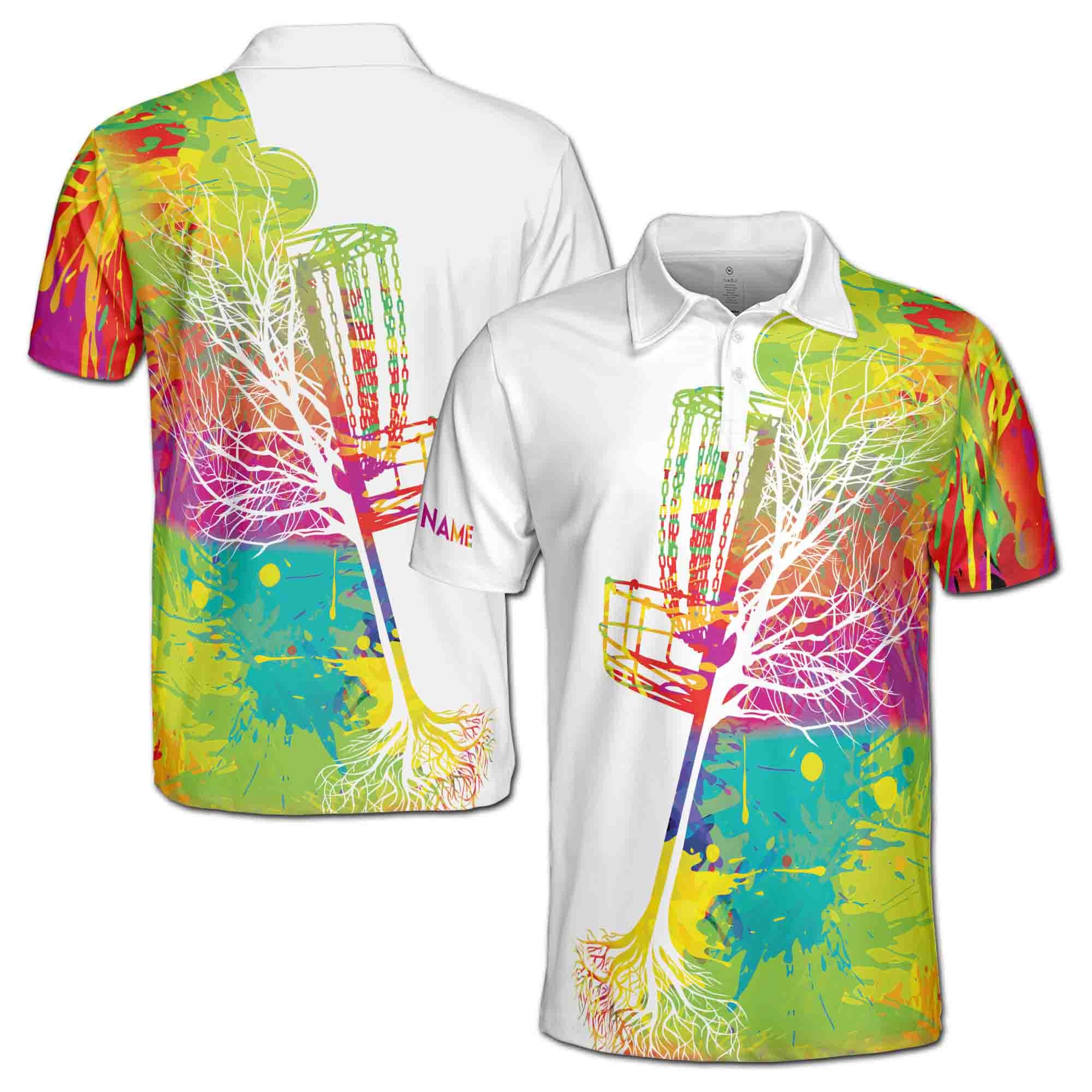 Personalizedize Name Disc Golf Basket Tree Colorful Splashes White 3D Men's Polo Shirt