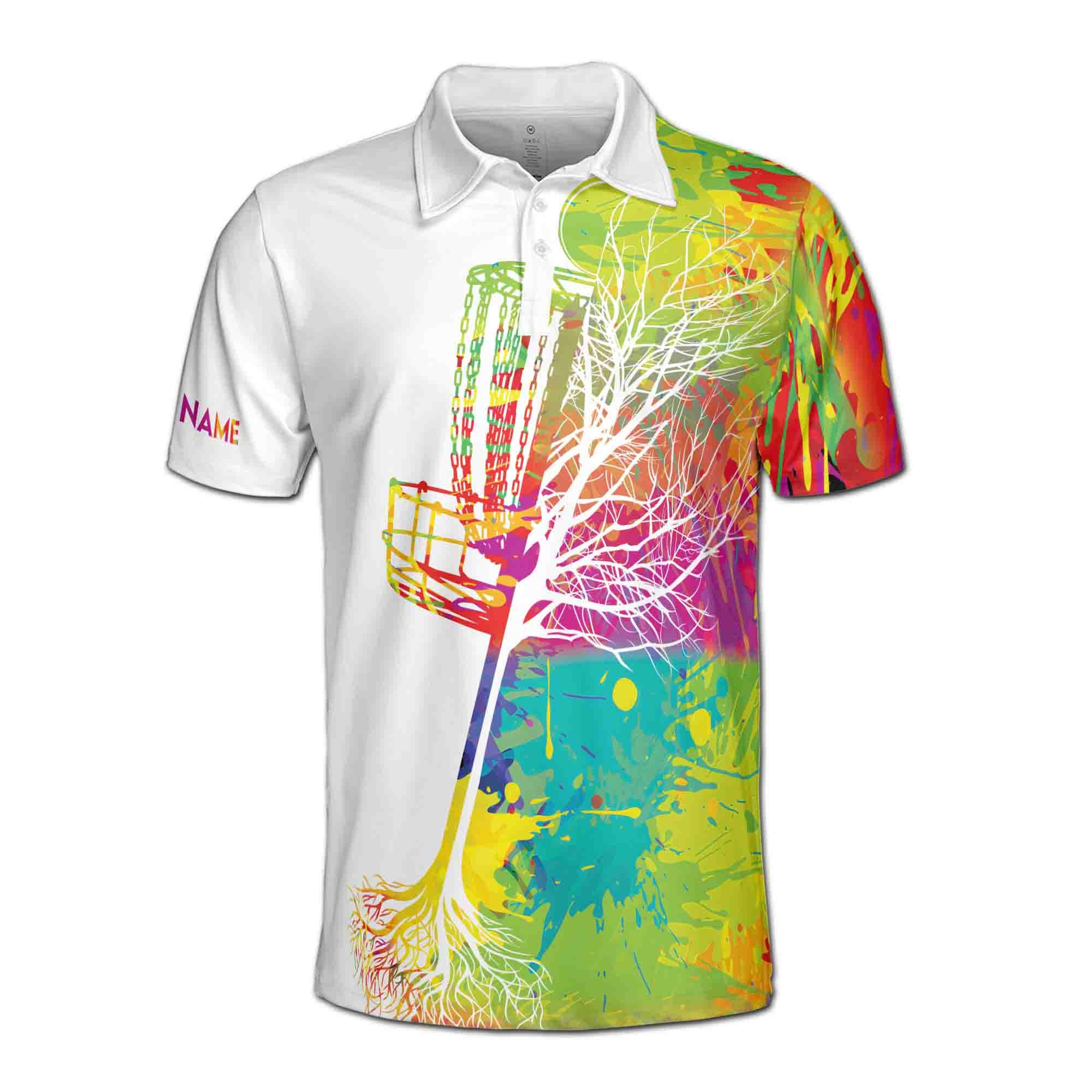 Alternative view of Personalizedize Name Disc Golf Basket Tree Colorful Splashes White 3D Men's Polo Shirt