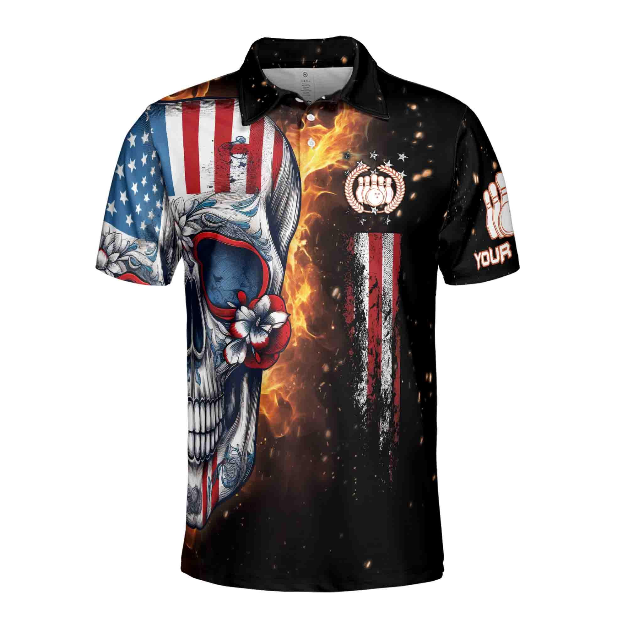 Alternative view of Personalizedize Name Floral Grunge Skull Bowling American Flag 3D Polo Shirt Size