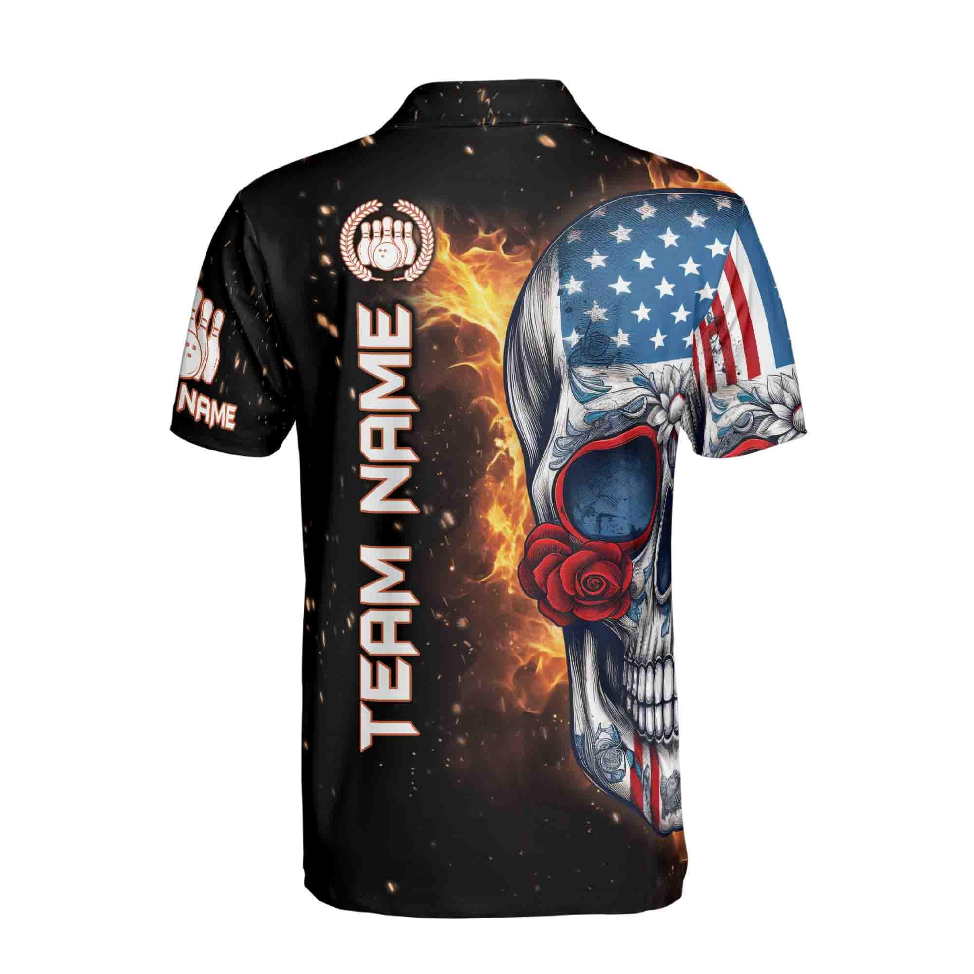 Personalizedize Name Floral Grunge Skull Bowling American Flag 3D Polo Shirt Size - Image 3