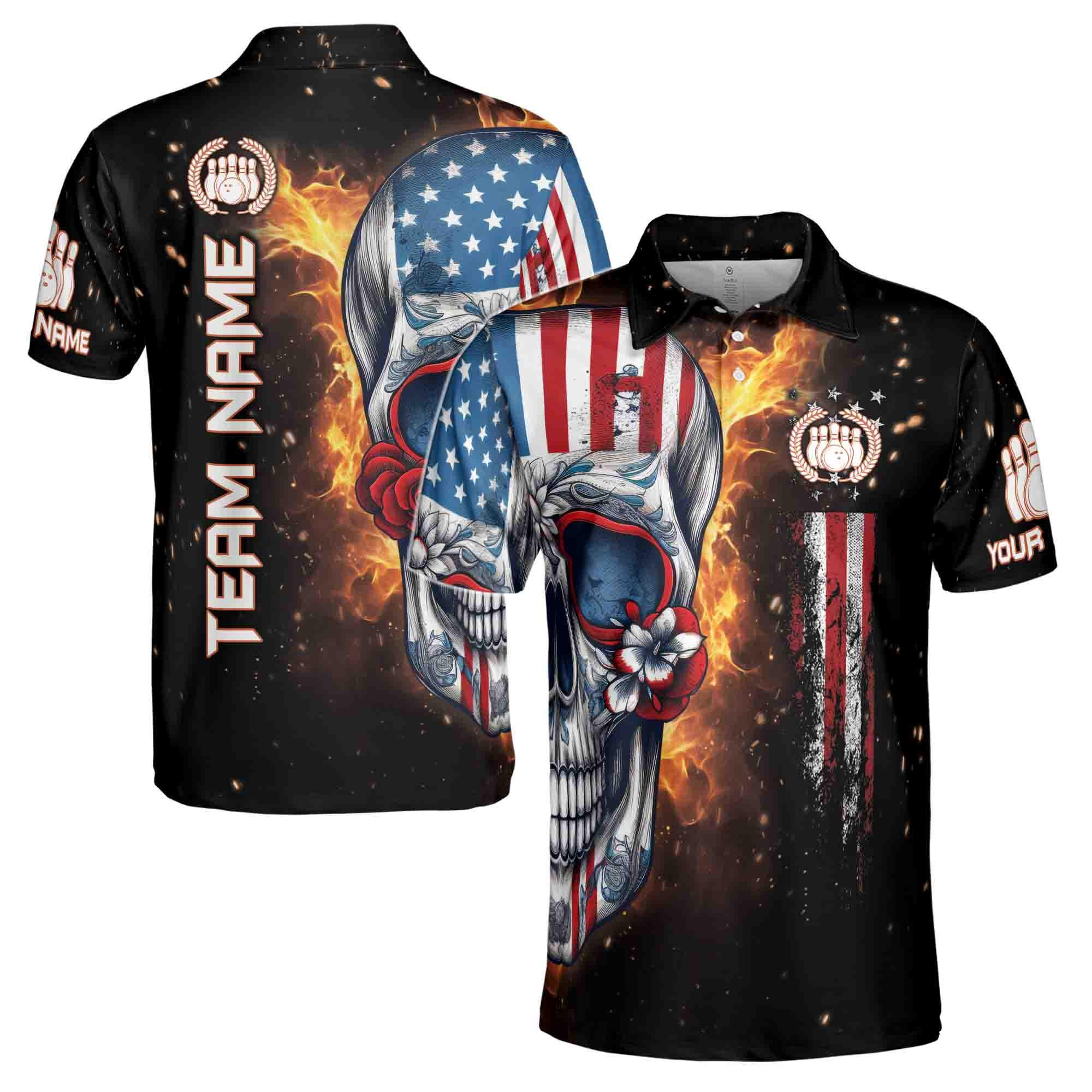 Personalizedize Name Floral Grunge Skull Bowling American Flag 3D Polo Shirt Size
