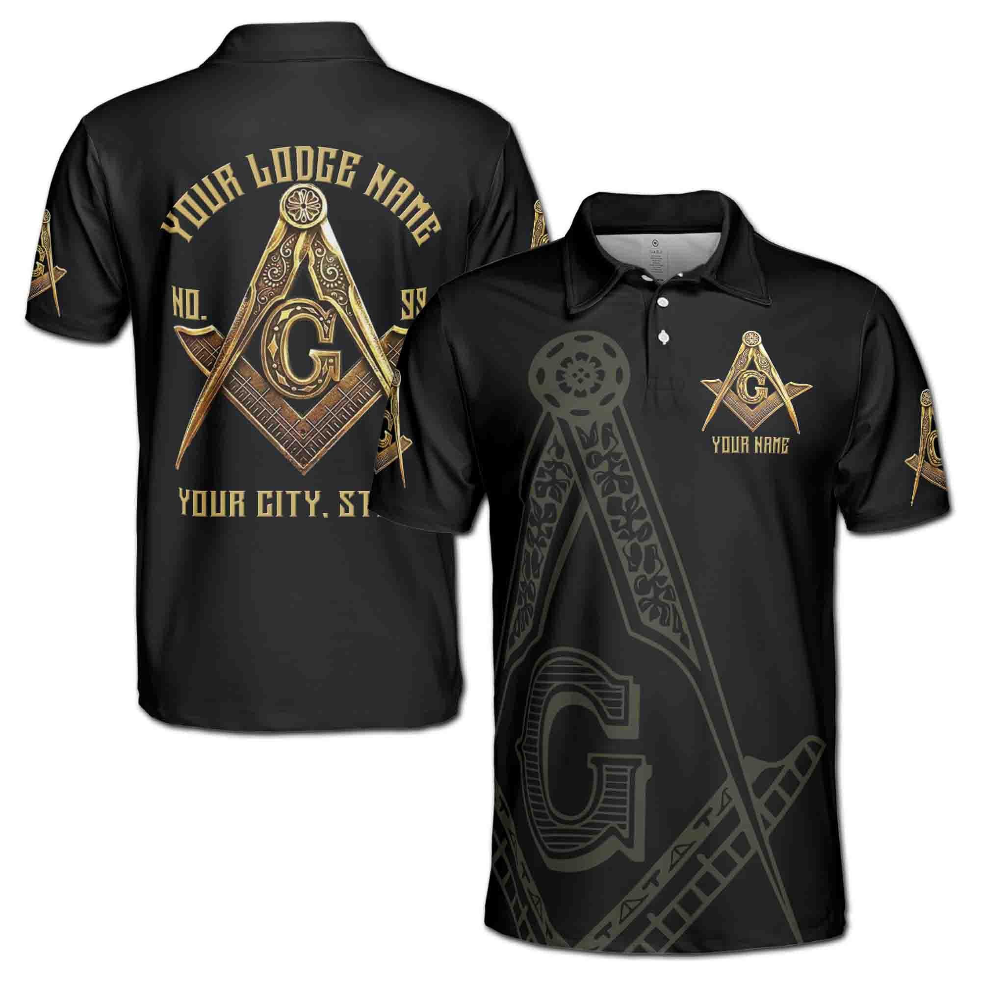 Personalizedize Name Freemason Masonic Golden Symbol Black 3D Polo Shirt