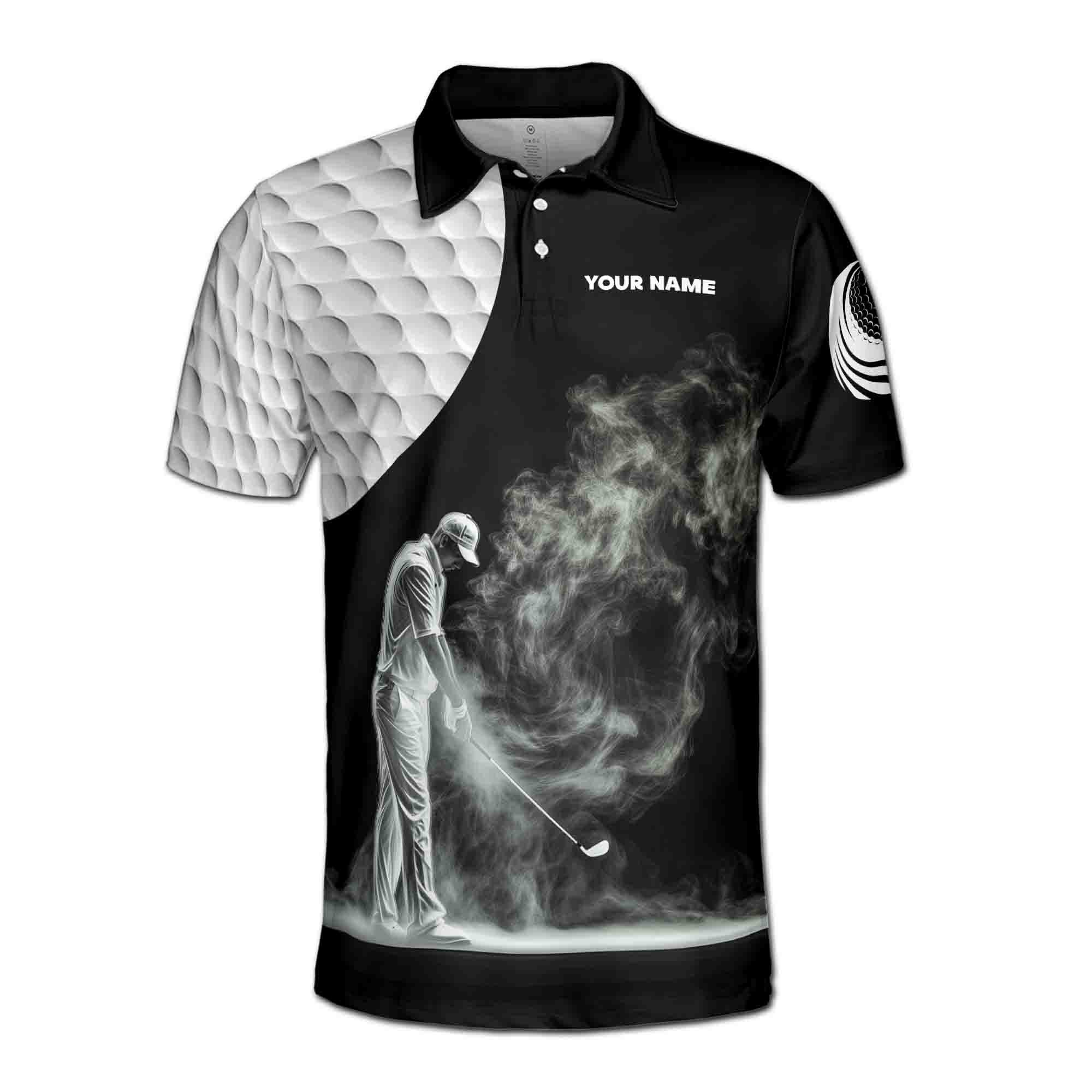 Alternative view of Personalizedize Name Golf Ball Golfer Smoke Silhouette Black White 3D Men's Polo Shirt