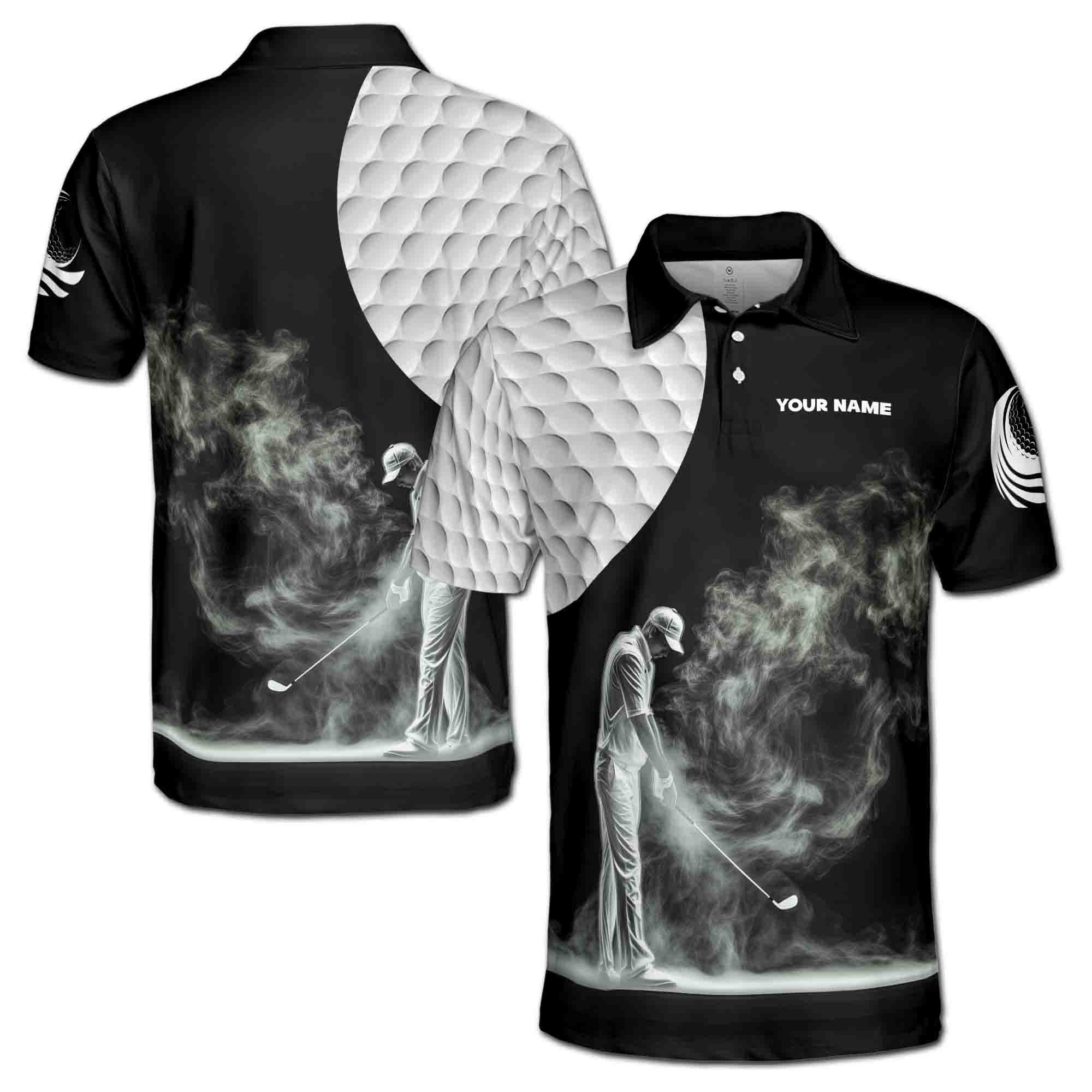 Personalizedize Name Golf Ball Golfer Smoke Silhouette Black White 3D Men's Polo Shirt