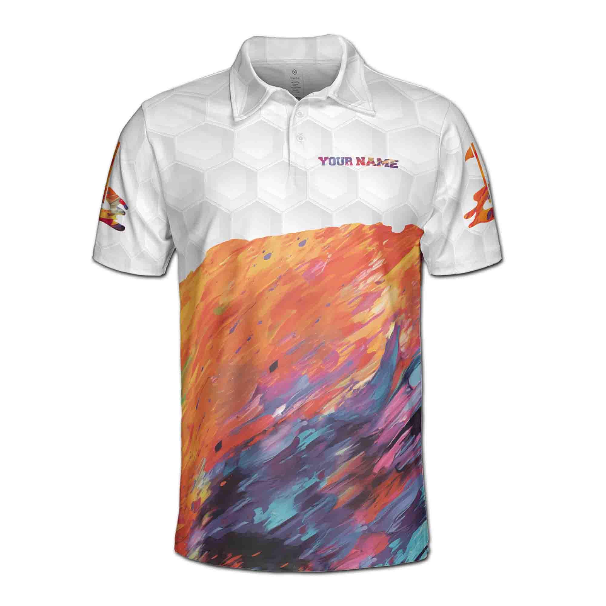 Alternative view of Personalizedize Name Golf Ball Paint Splashes Pattern White Colorful 3D Men's Polo Shirt