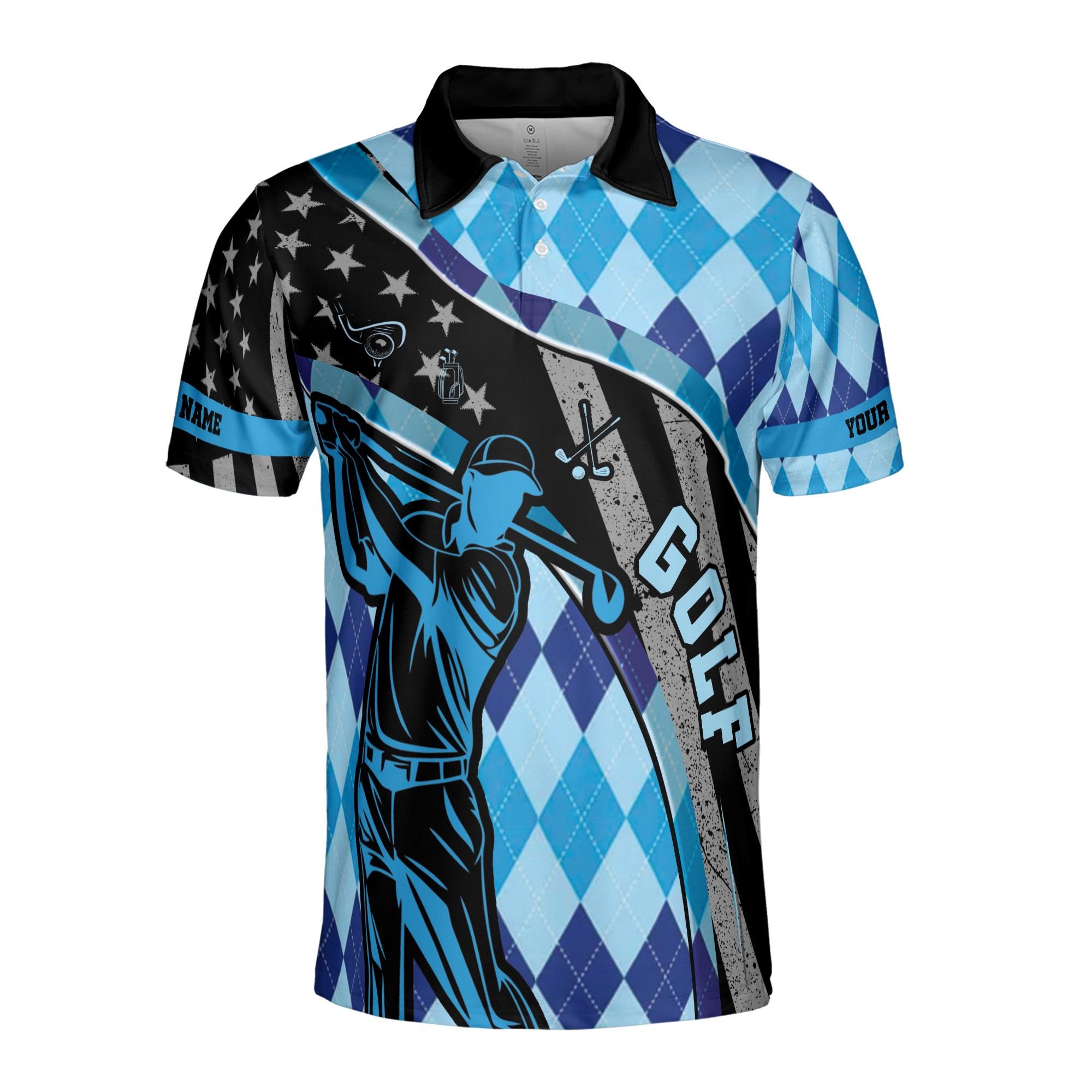 Alternative view of Personalizedize Name Golf Player Swing America Flag Blue Black 3D Men's Polo Shirt