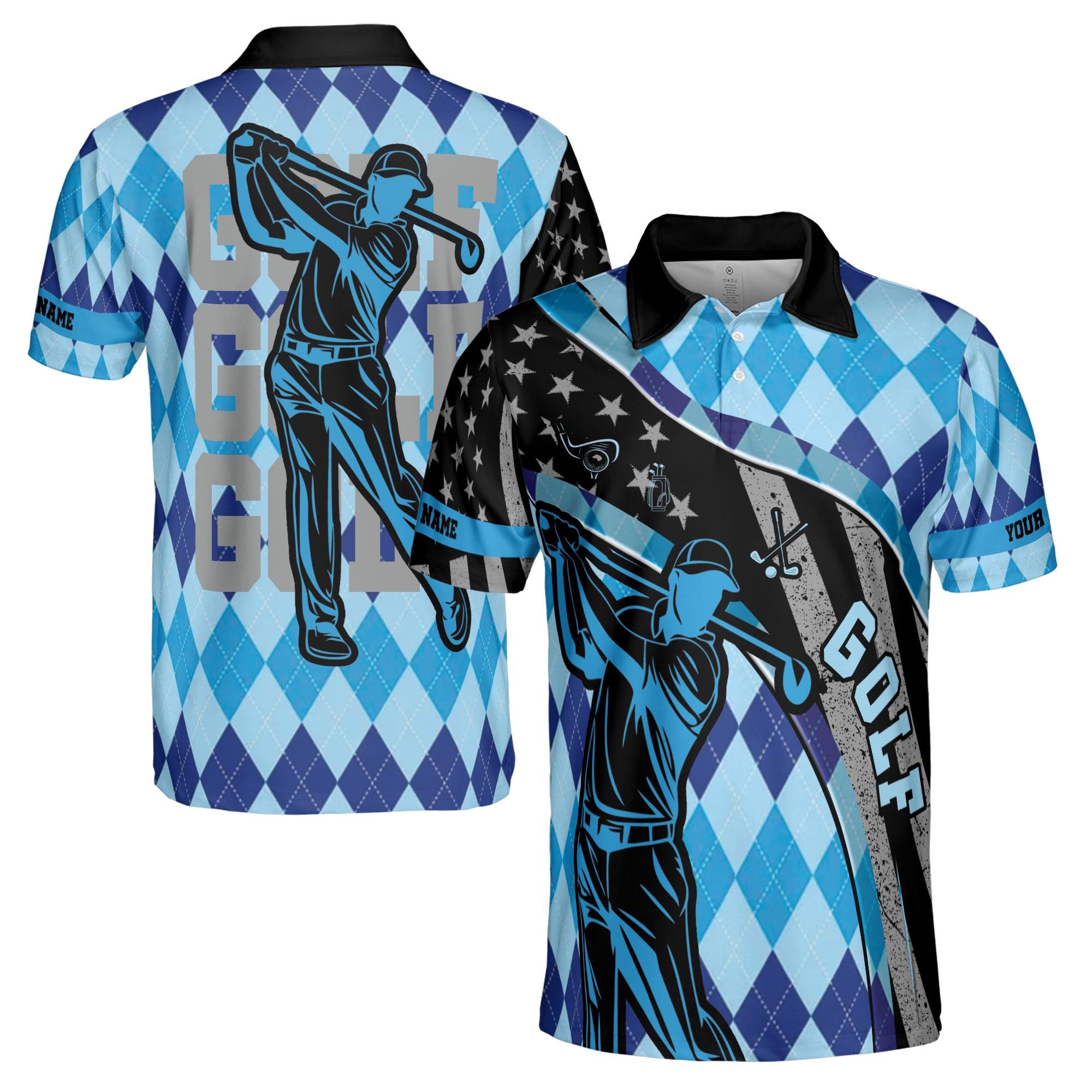 Personalizedize Name Golf Player Swing America Flag Blue Black 3D Men's Polo Shirt