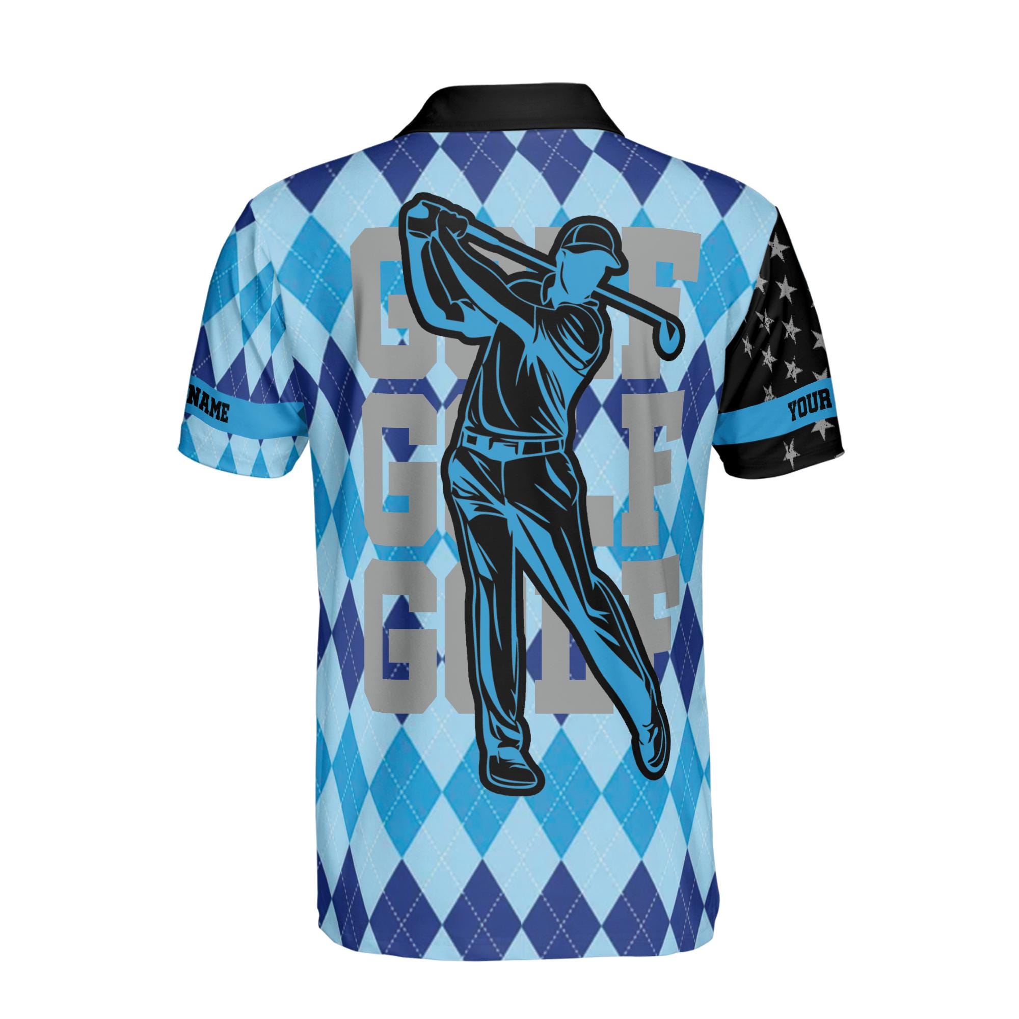 Personalizedize Name Golf Player Swing America Flag Blue Black 3D Men's Polo Shirt - Image 3
