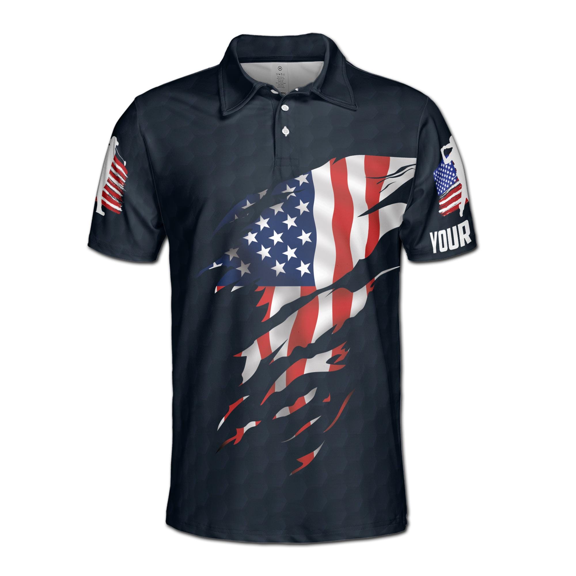 Alternative view of Personalizedize Name Golf Player USA Flag Dark Blue 3D Men's Polo Shirt
