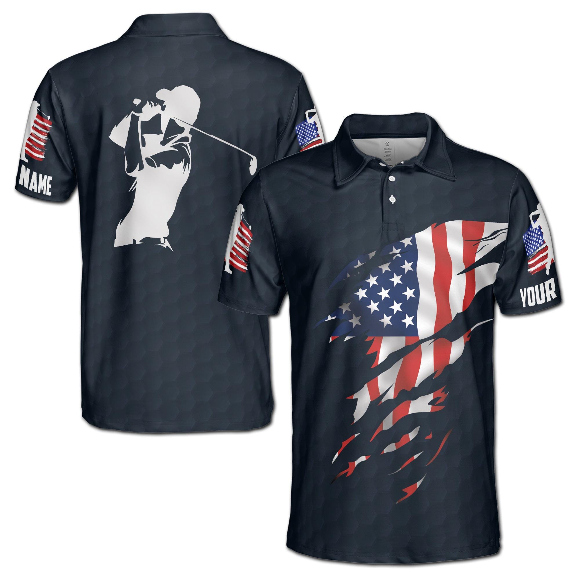 Personalizedize Name Golf Player USA Flag Dark Blue 3D Men's Polo Shirt