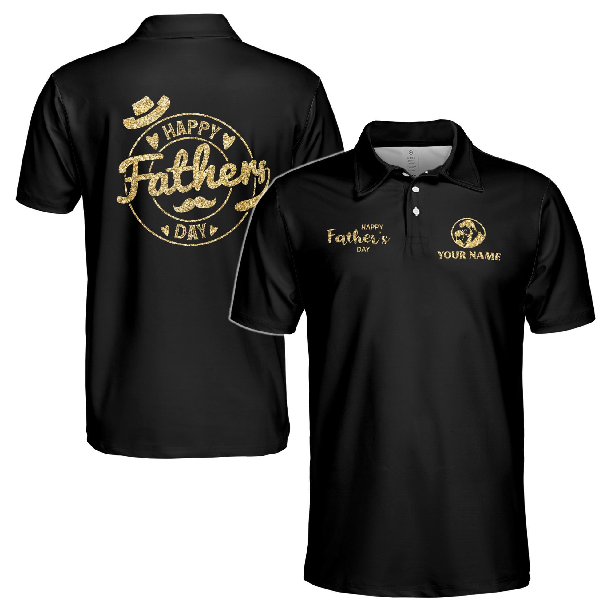 Personalizedize Name Happy Dad Fedora Mustache Heart Black 3D Men's Polo Shirt