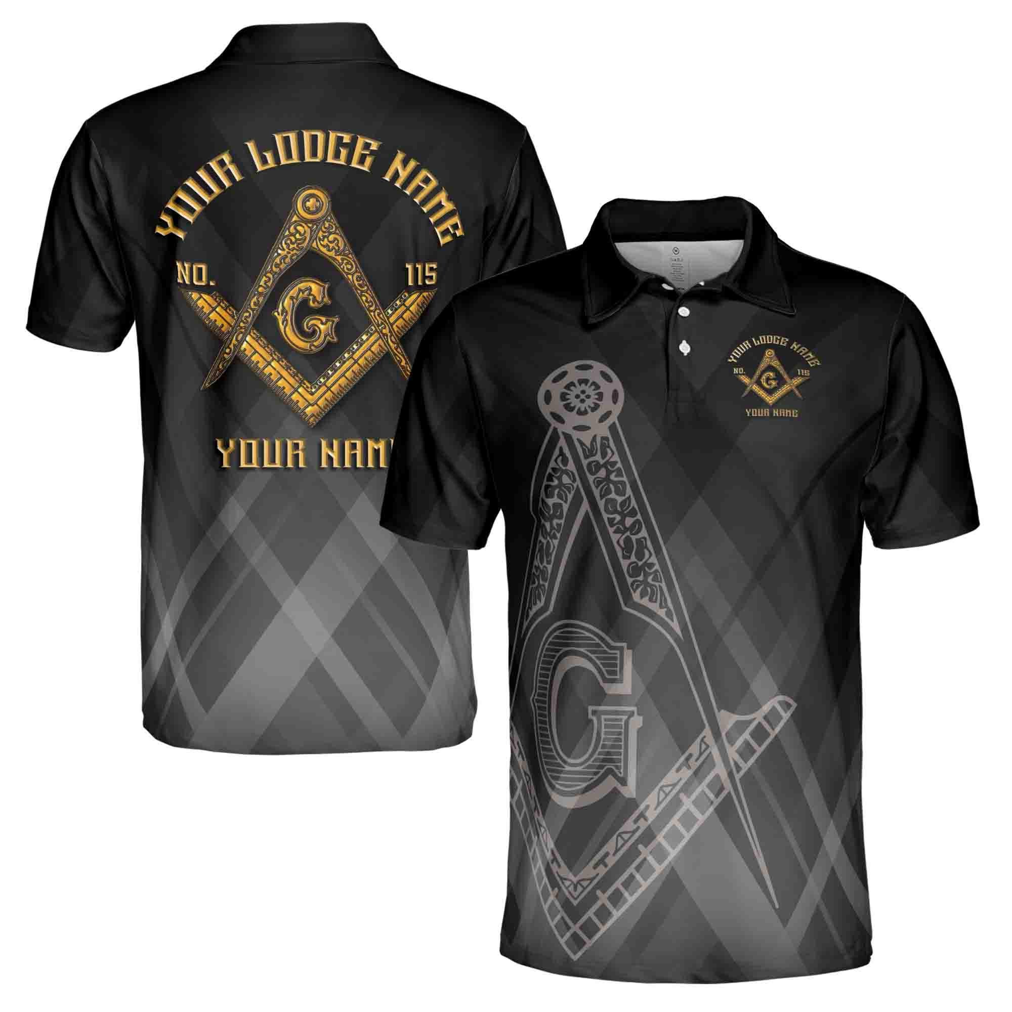 Personalizedize Name Lodge Name Masonic Freemasonry Emblem Mason Black Men's Polo Shirt