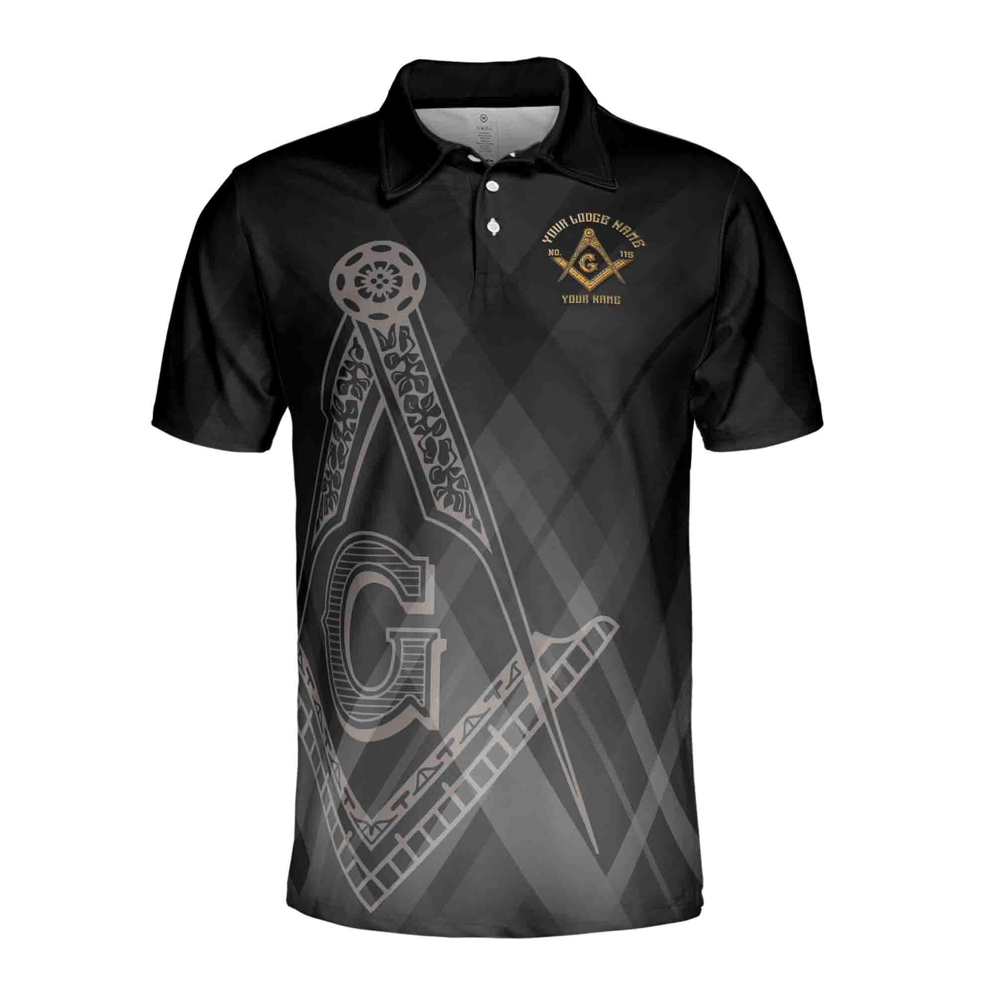Alternative view of Personalizedize Name Lodge Name Masonic Freemasonry Emblem Mason Black Men's Polo Shirt