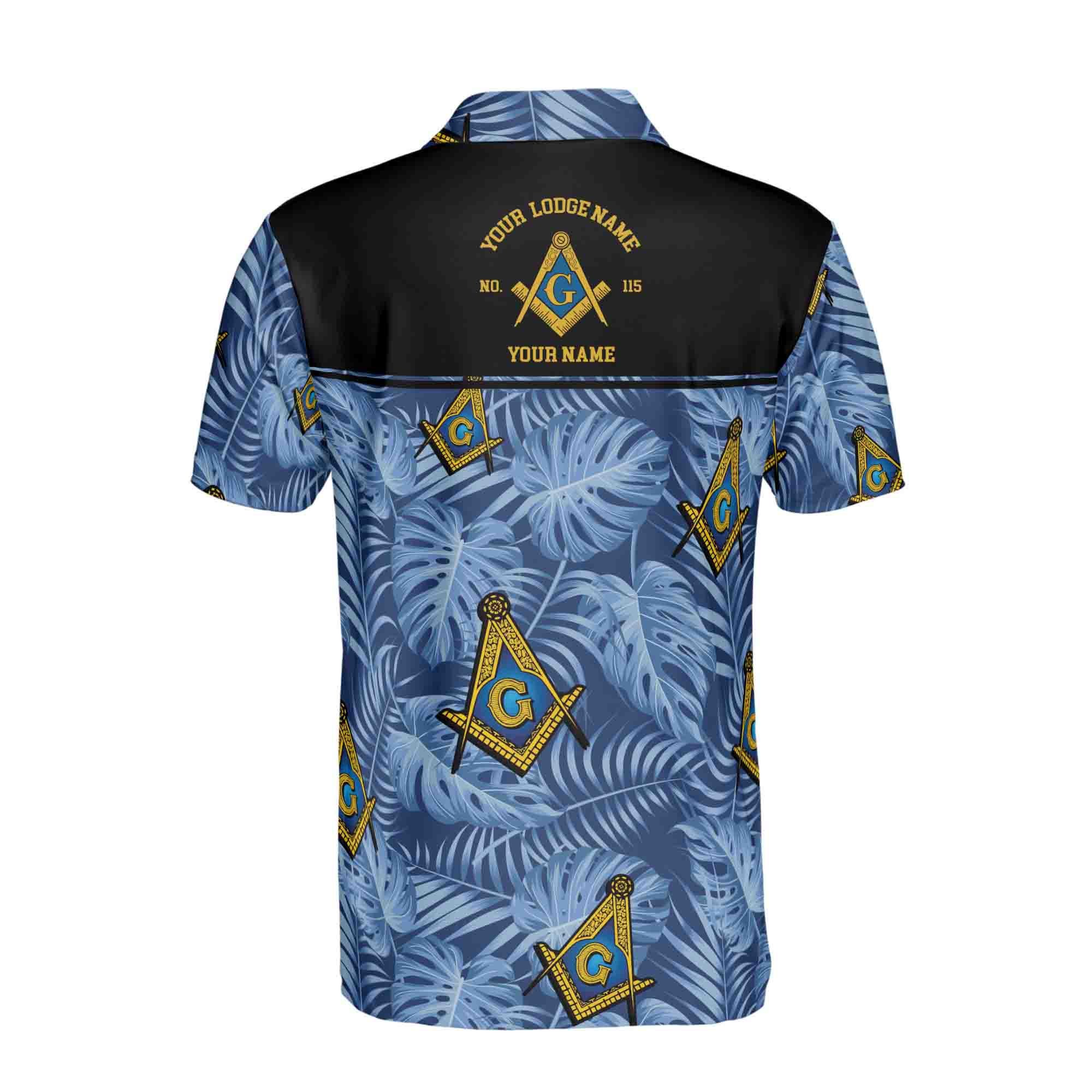 Personalizedize Name Lodge Name Masonic Freemasonry Tropical Plants Blue Men's Polo Shirt - Image 3