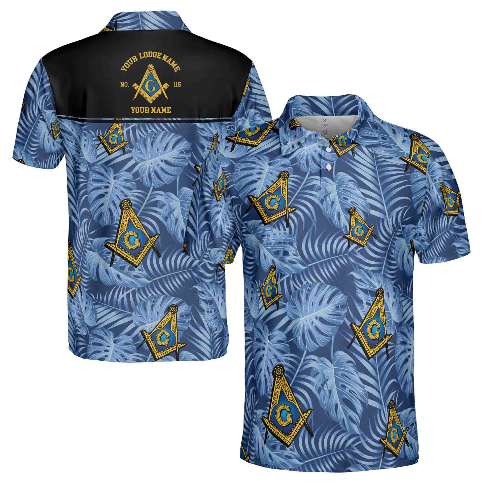 Personalizedize Name Lodge Name Masonic Freemasonry Tropical Plants Blue Men's Polo Shirt