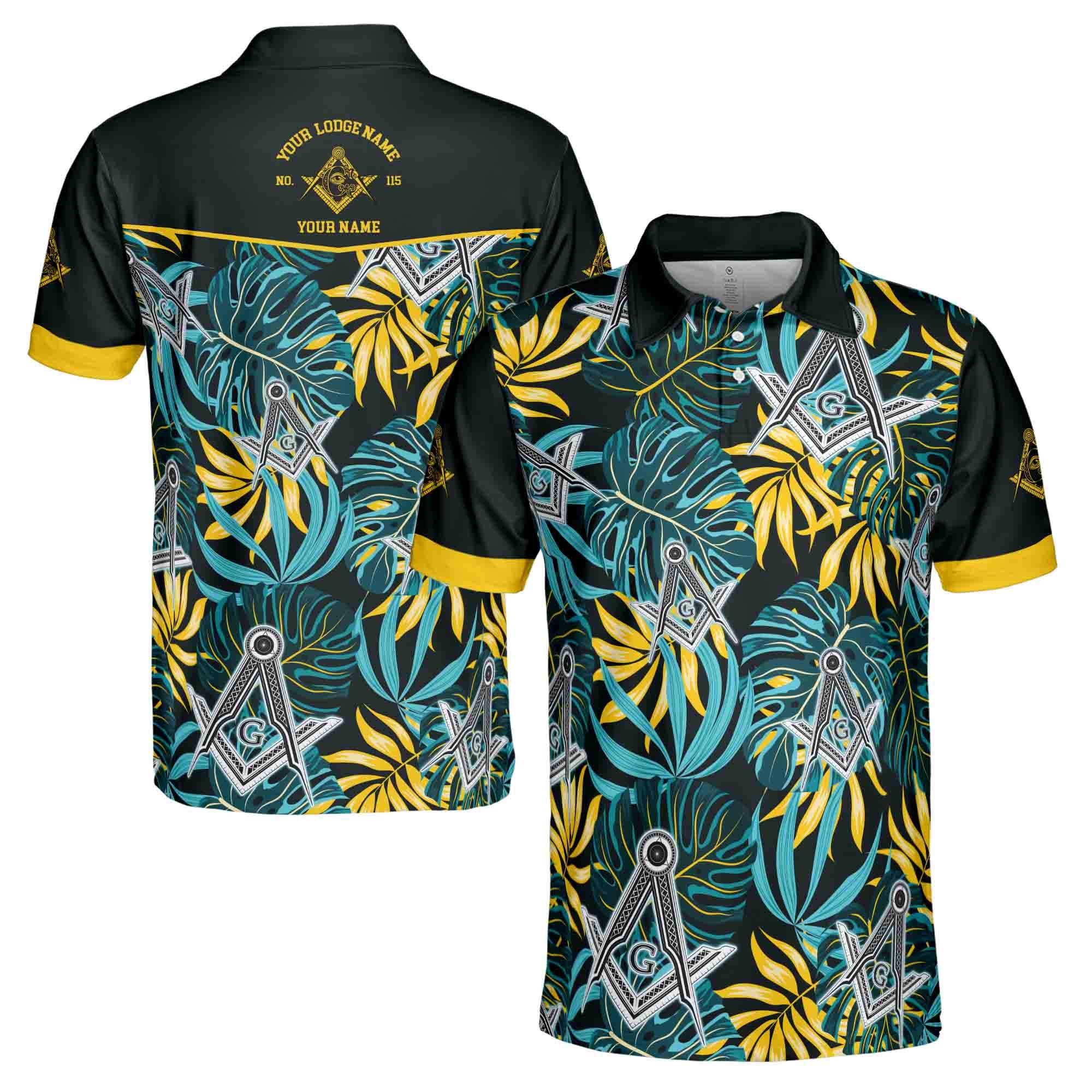 Personalizedize Name Masonic Freemasonry Lodge Tropical Plants Men's Polo Shirt