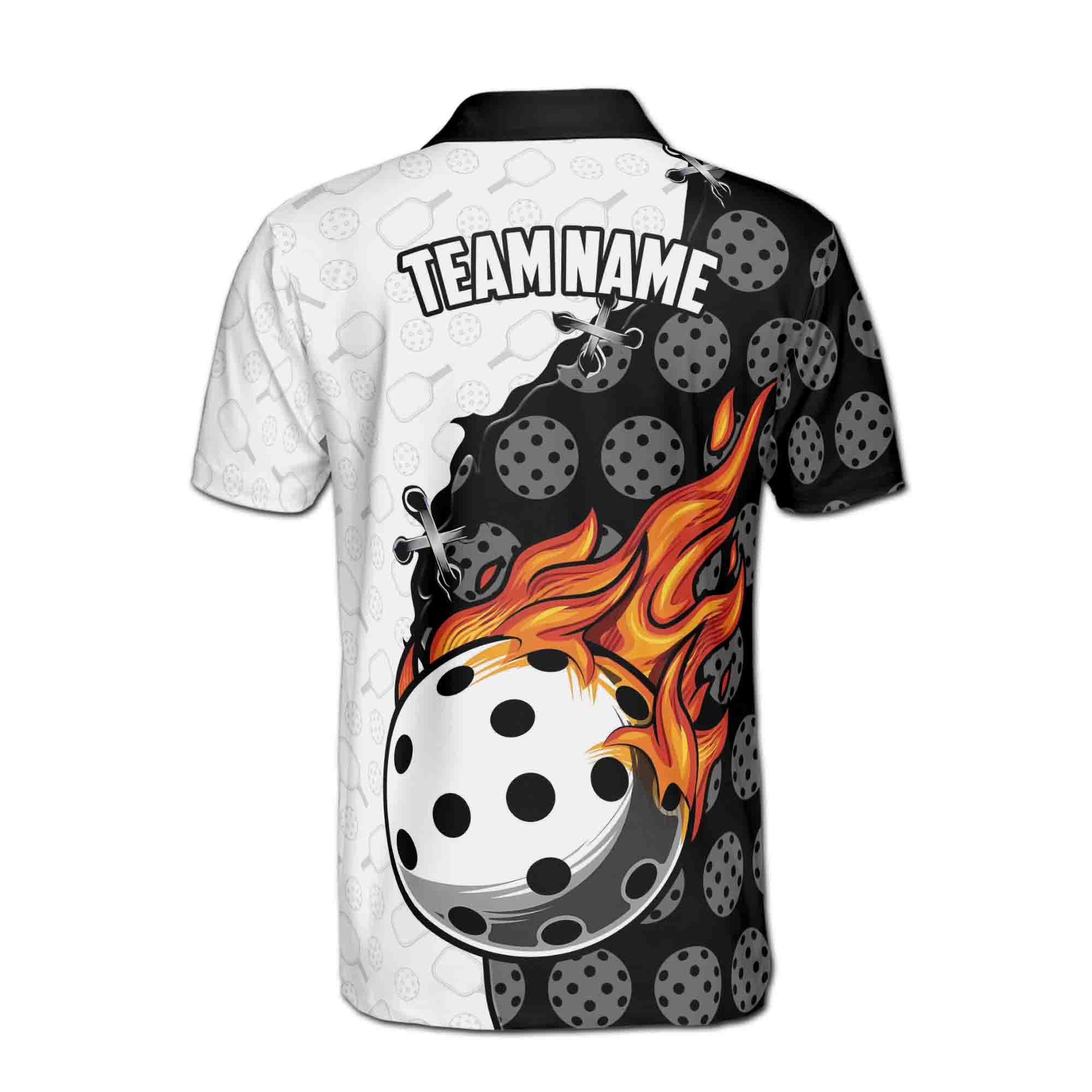 Personalizedize Name Pickleball Flaming Repeating Pattern Black White 3D Men's Polo Shirt - Image 3
