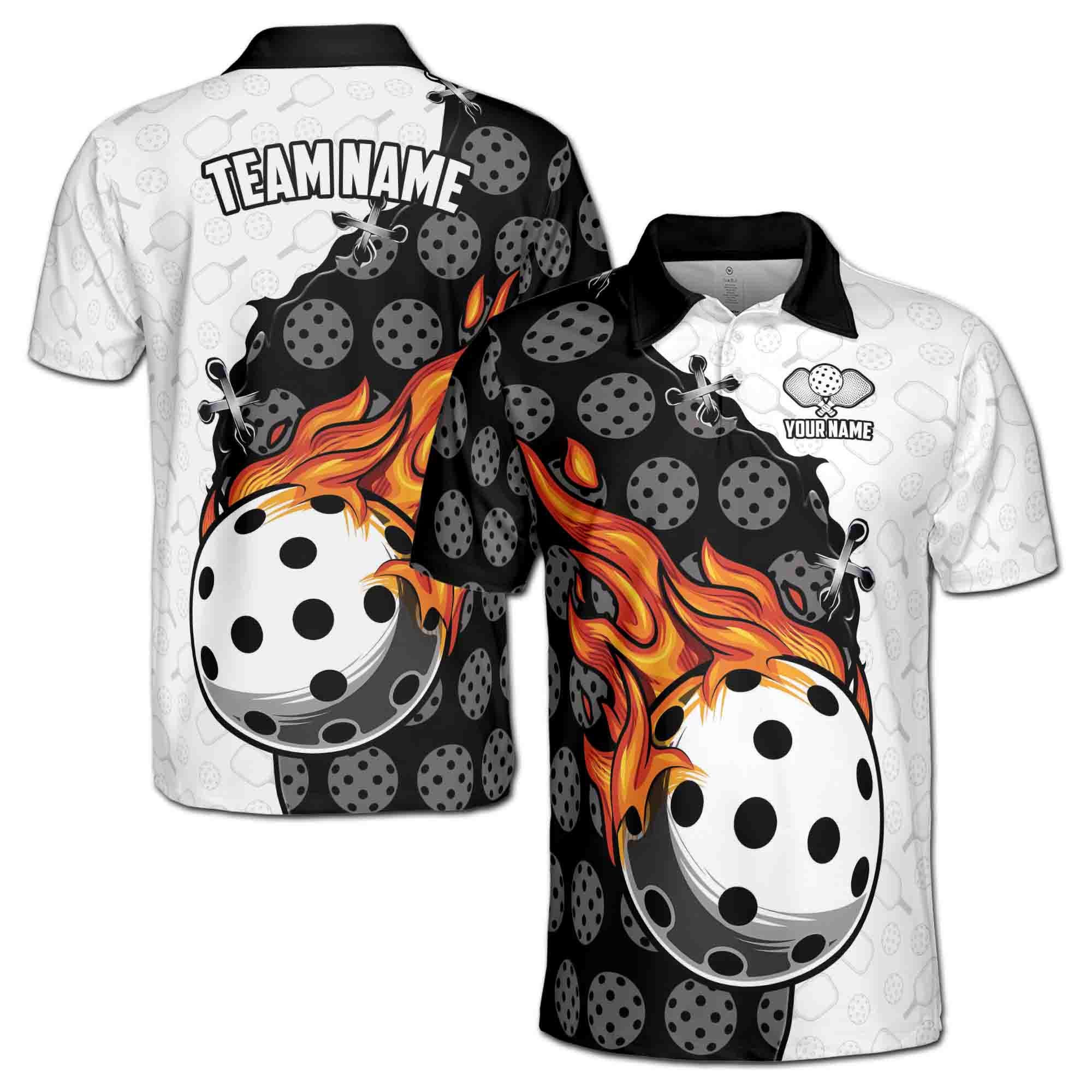 Personalizedize Name Pickleball Flaming Repeating Pattern Black White 3D Men's Polo Shirt