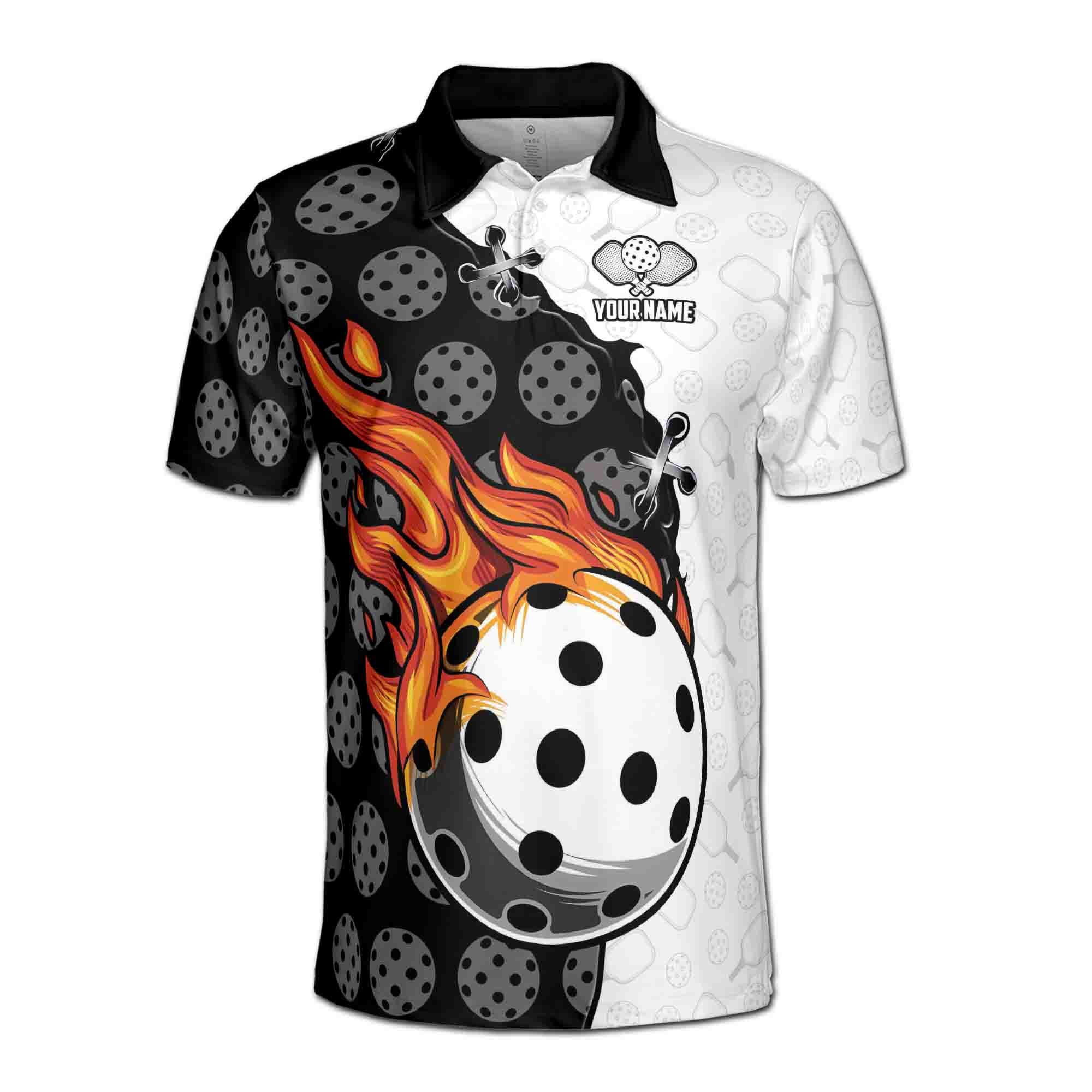 Alternative view of Personalizedize Name Pickleball Flaming Repeating Pattern Black White 3D Men's Polo Shirt