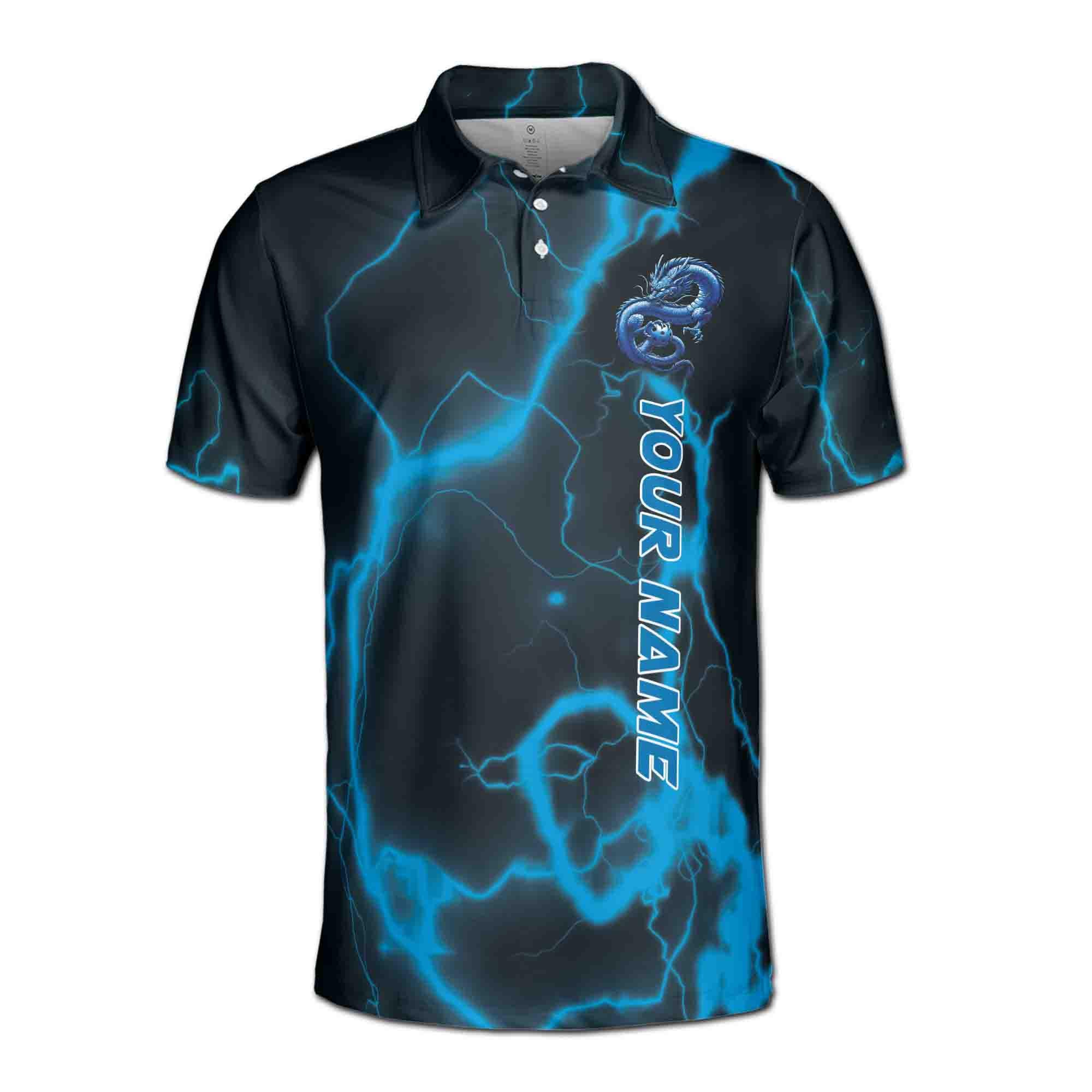 Alternative view of Personalizedize Name Pickleball Lightning Eastern Dragon Black Blue 3D Men's Polo Shirt