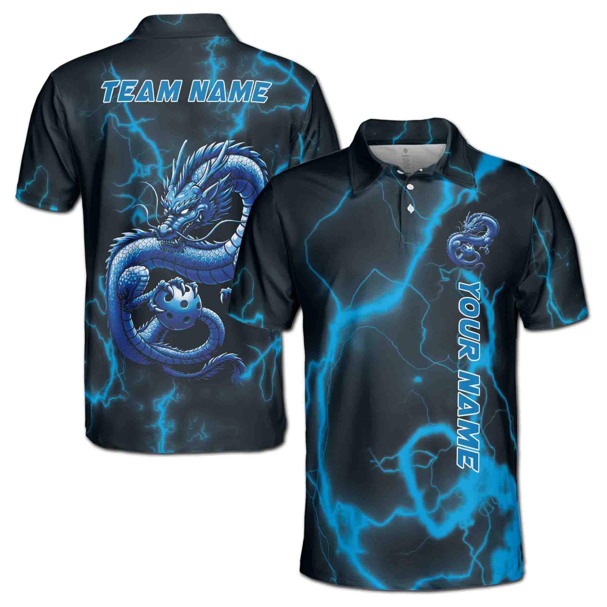 Personalizedize Name Pickleball Lightning Eastern Dragon Black Blue 3D Men's Polo Shirt