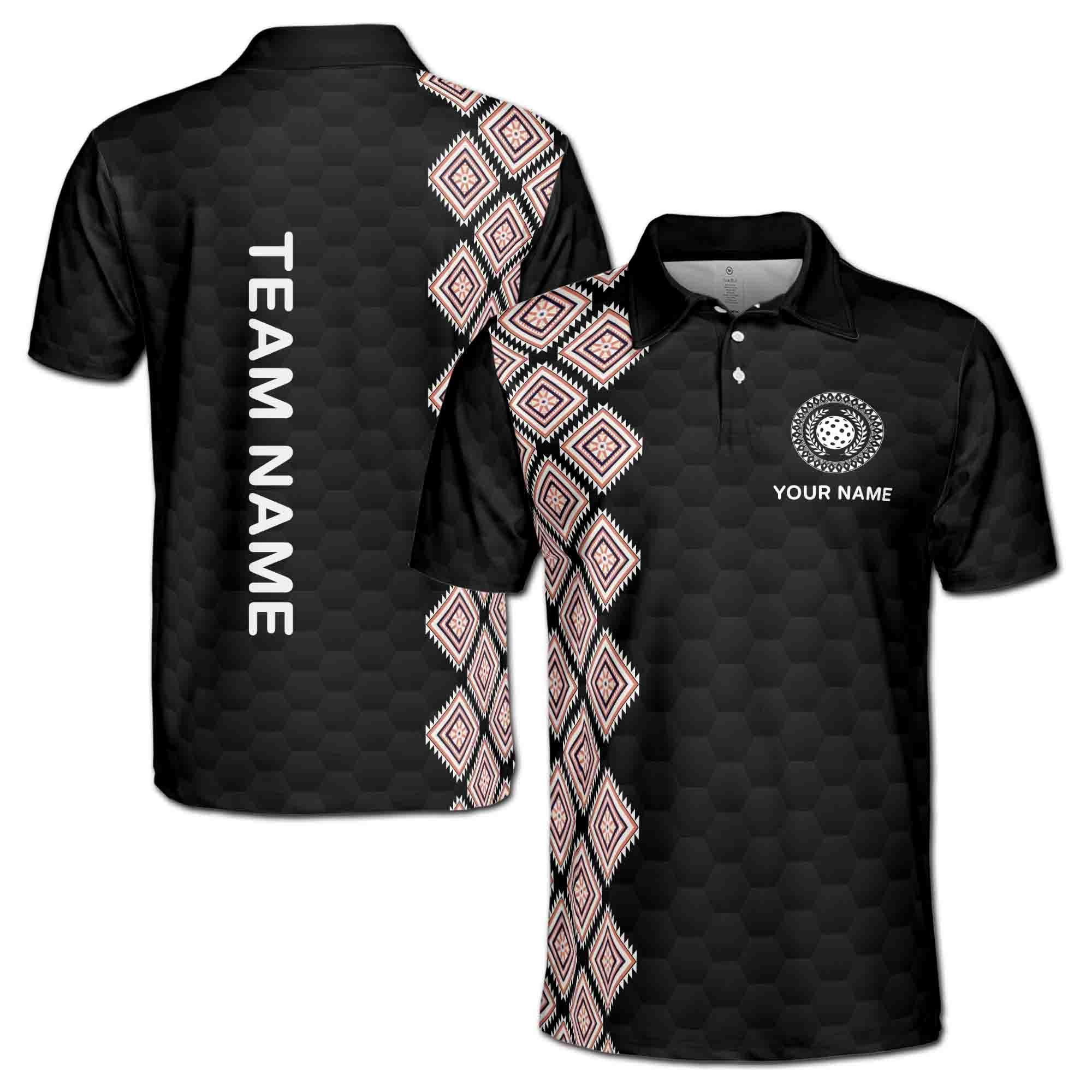 Personalizedize Name Pickleball Olive Wreath Rug Pattern Black 3D Men's Polo Shirt