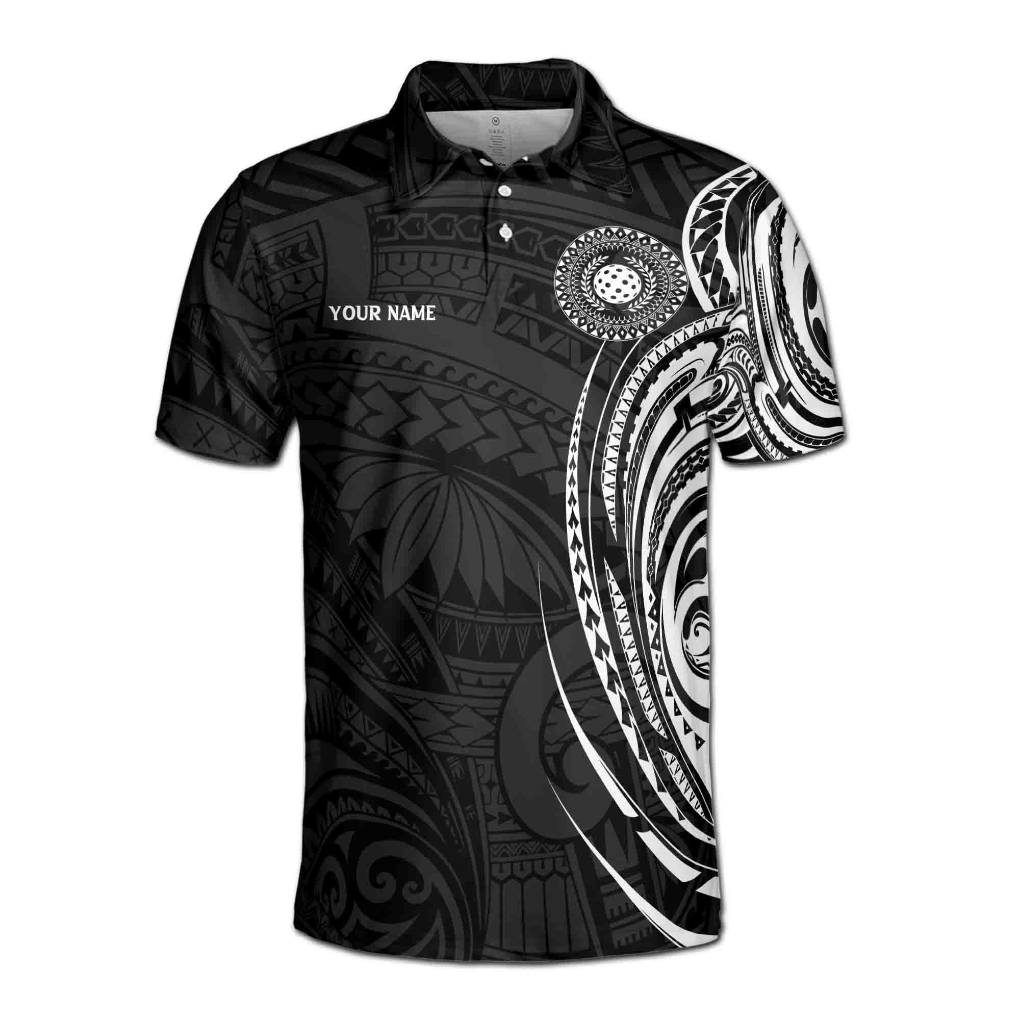 Alternative view of Personalizedize Name Pickleball Olive Wreath Tribal Pattern Black White 3D Men's Polo Shirt